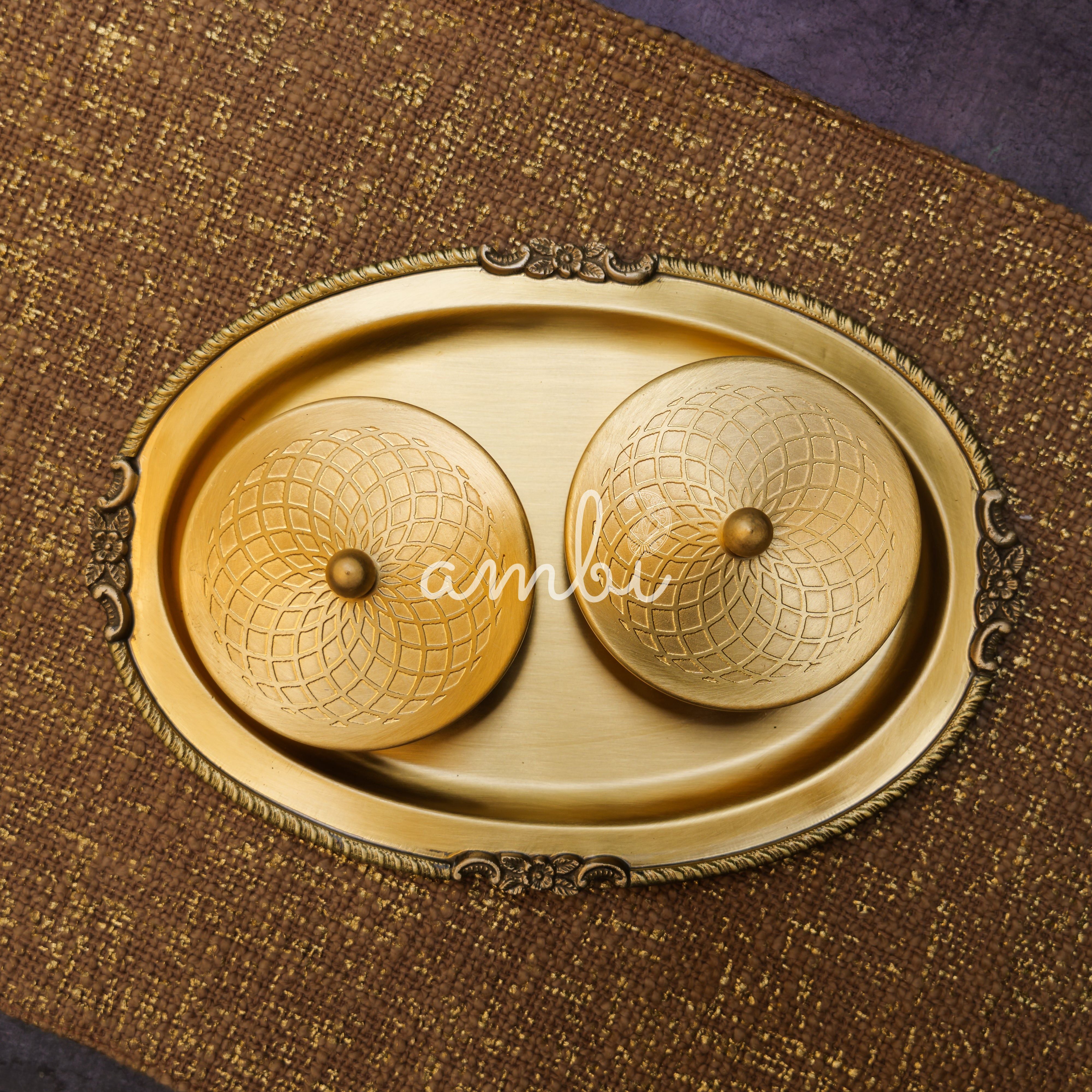 Ambi Pure Brass Inlay Spice / Nut Storage Boxes Serving Tray - Spiral Design - 3 pcs set