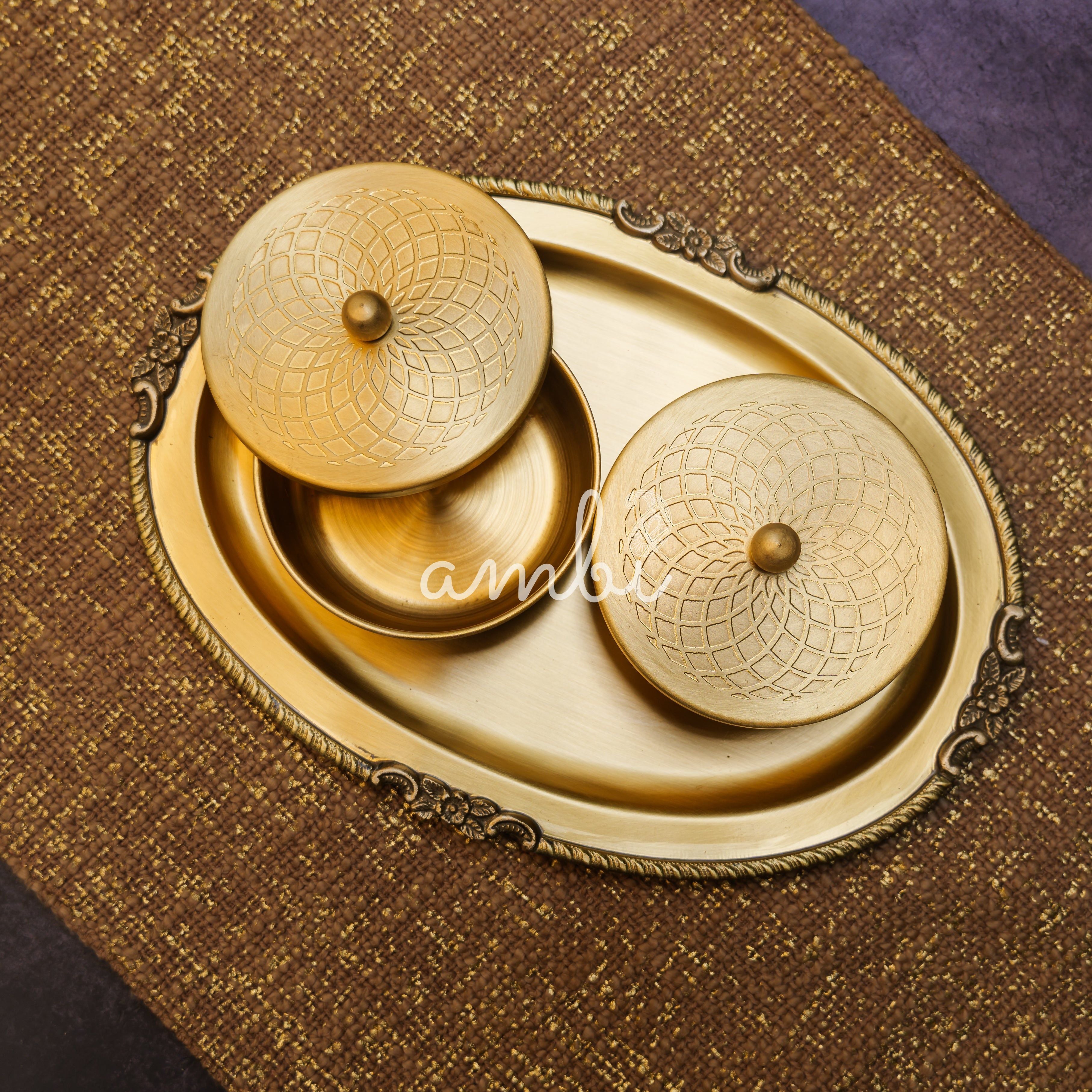 Ambi Pure Brass Inlay Spice / Nut Storage Boxes Serving Tray - Spiral Design - 3 pcs set