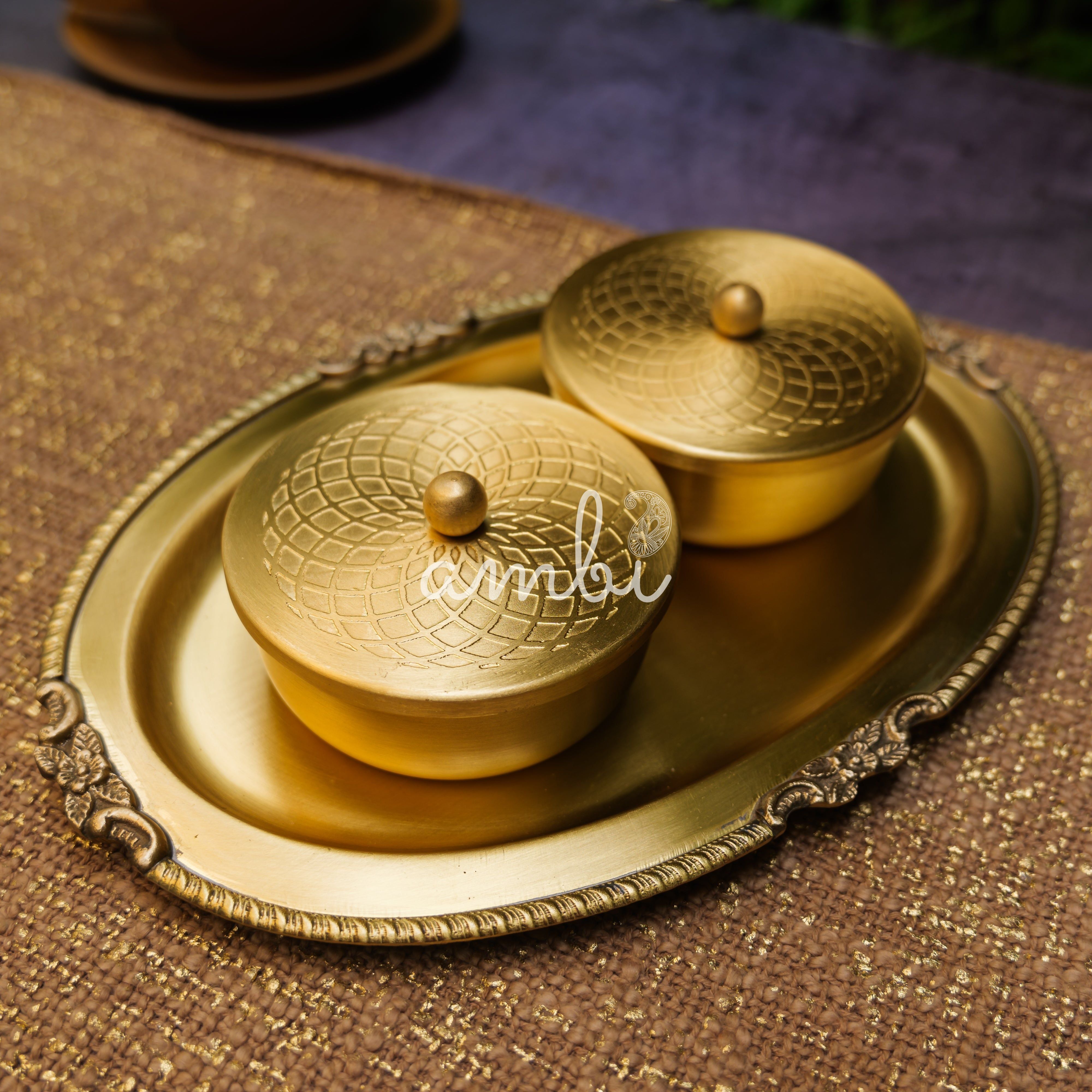 Ambi Pure Brass Inlay Spice / Nut Storage Boxes Serving Tray - Spiral Design - 3 pcs set