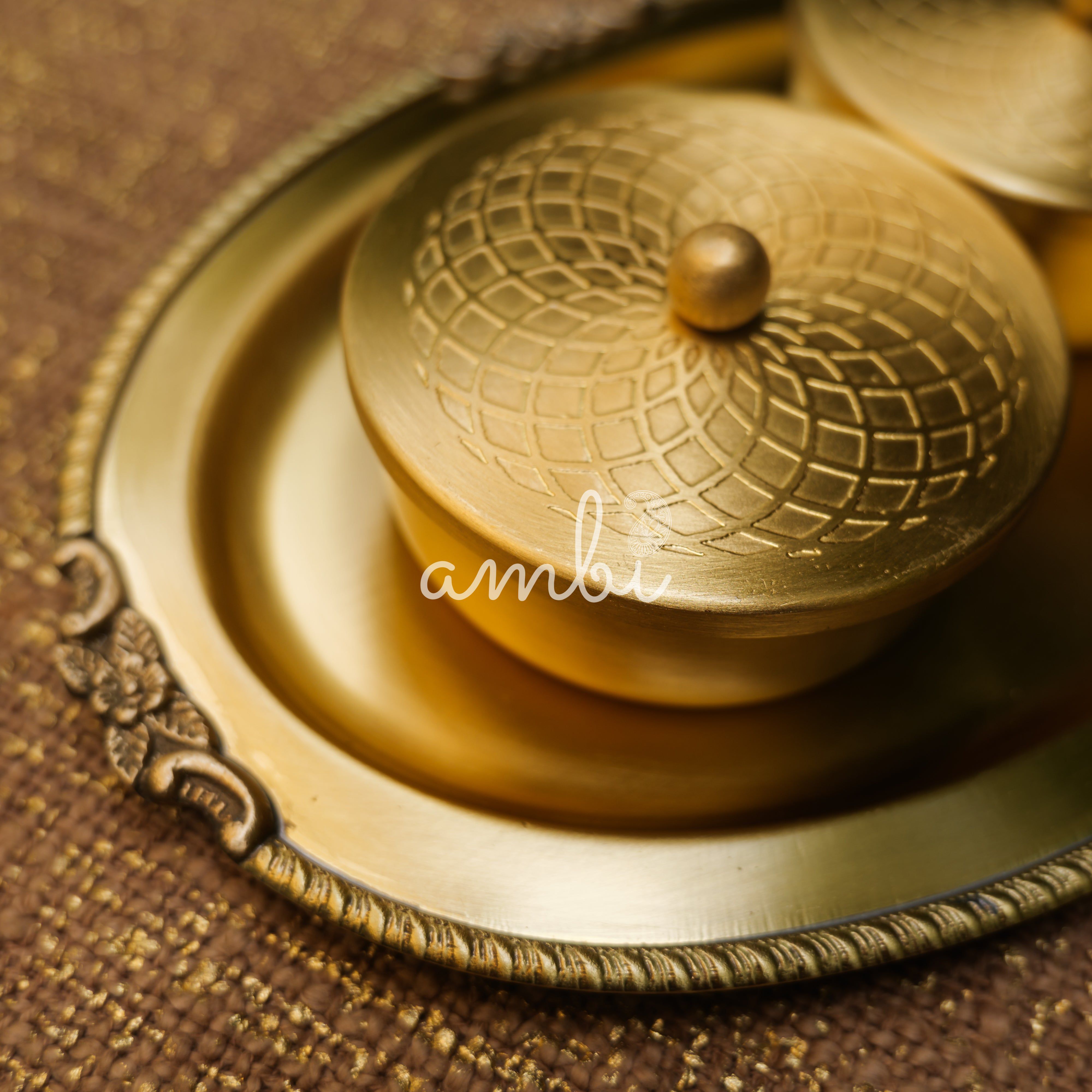 Ambi Pure Brass Inlay Spice / Nut Storage Boxes Serving Tray - Spiral Design - 3 pcs set