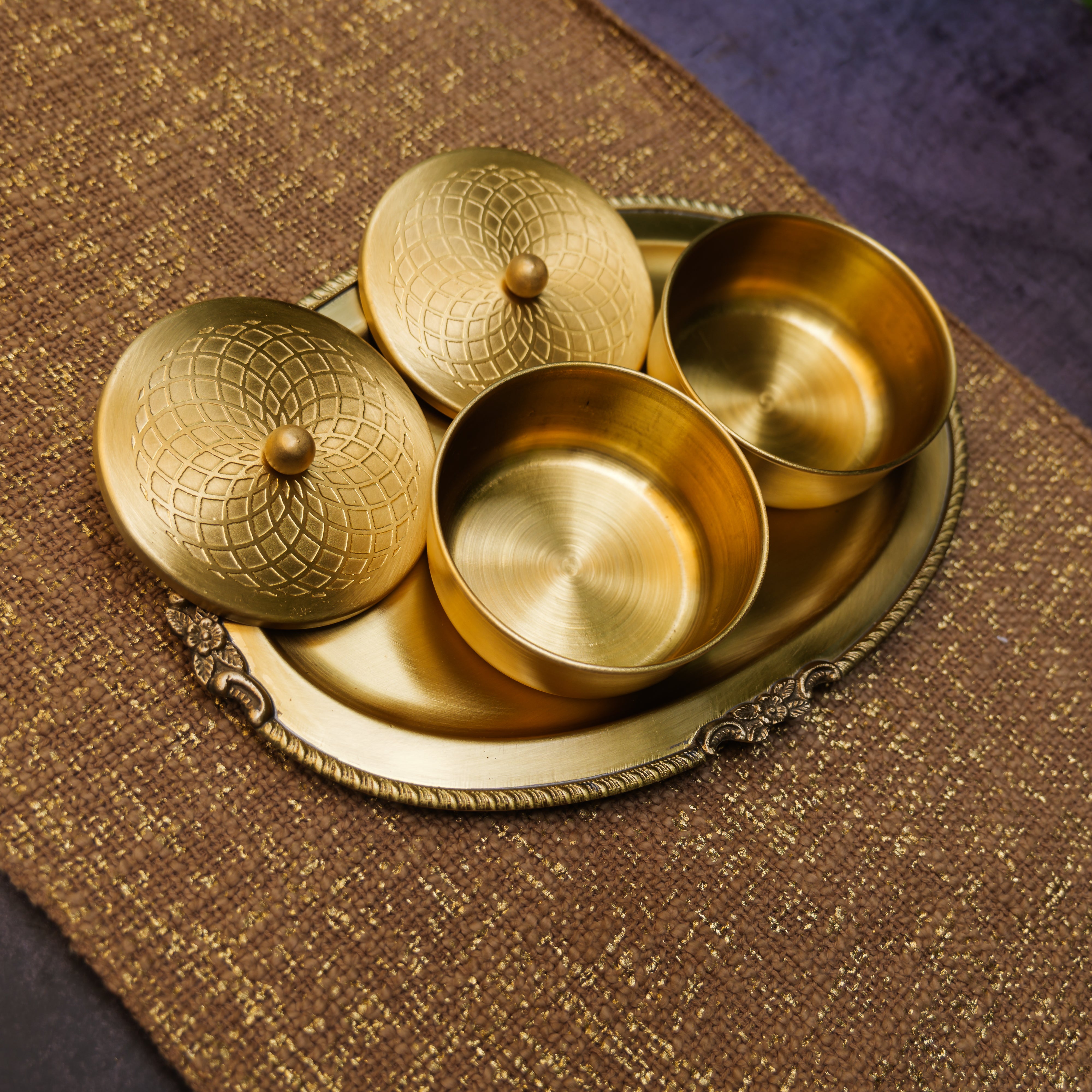 Ambi Pure Brass Inlay Spice / Nut Storage Boxes Serving Tray - Spiral Design - 3 pcs set