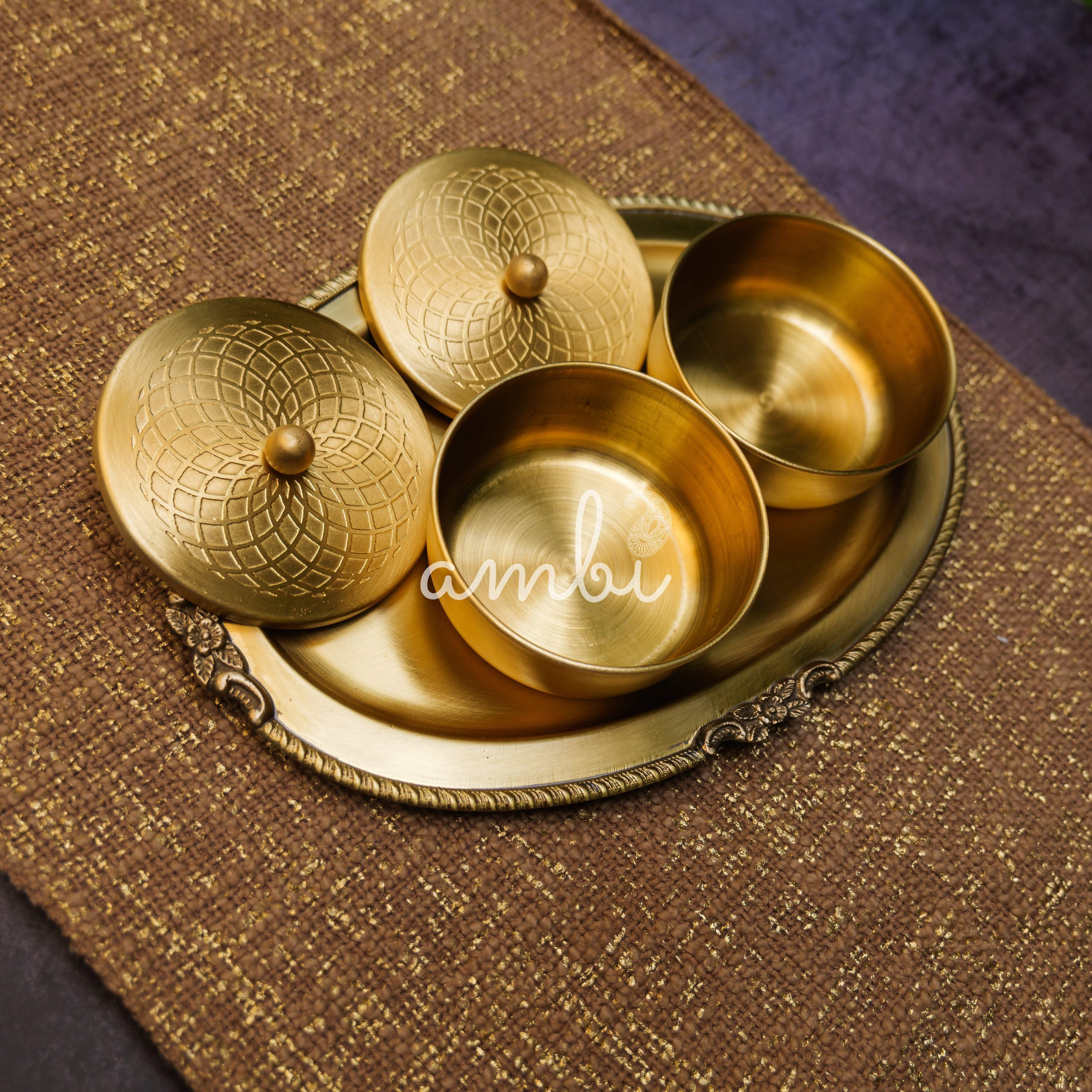 Ambi Pure Brass Inlay Spice / Nut Storage Boxes Serving Tray - Spiral Design - 3 pcs set