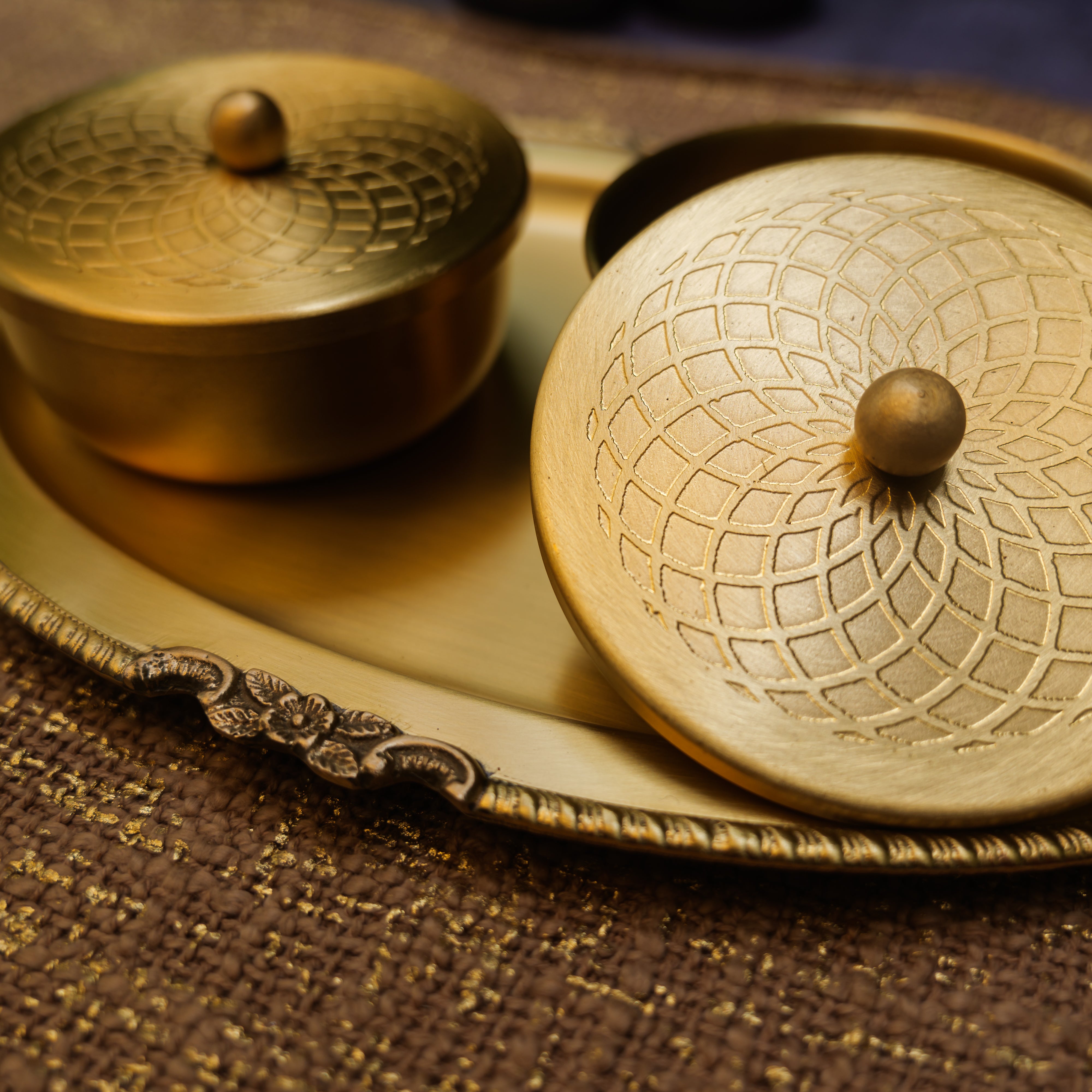 Ambi Pure Brass Inlay Spice / Nut Storage Boxes Serving Tray - Spiral Design - 3 pcs set