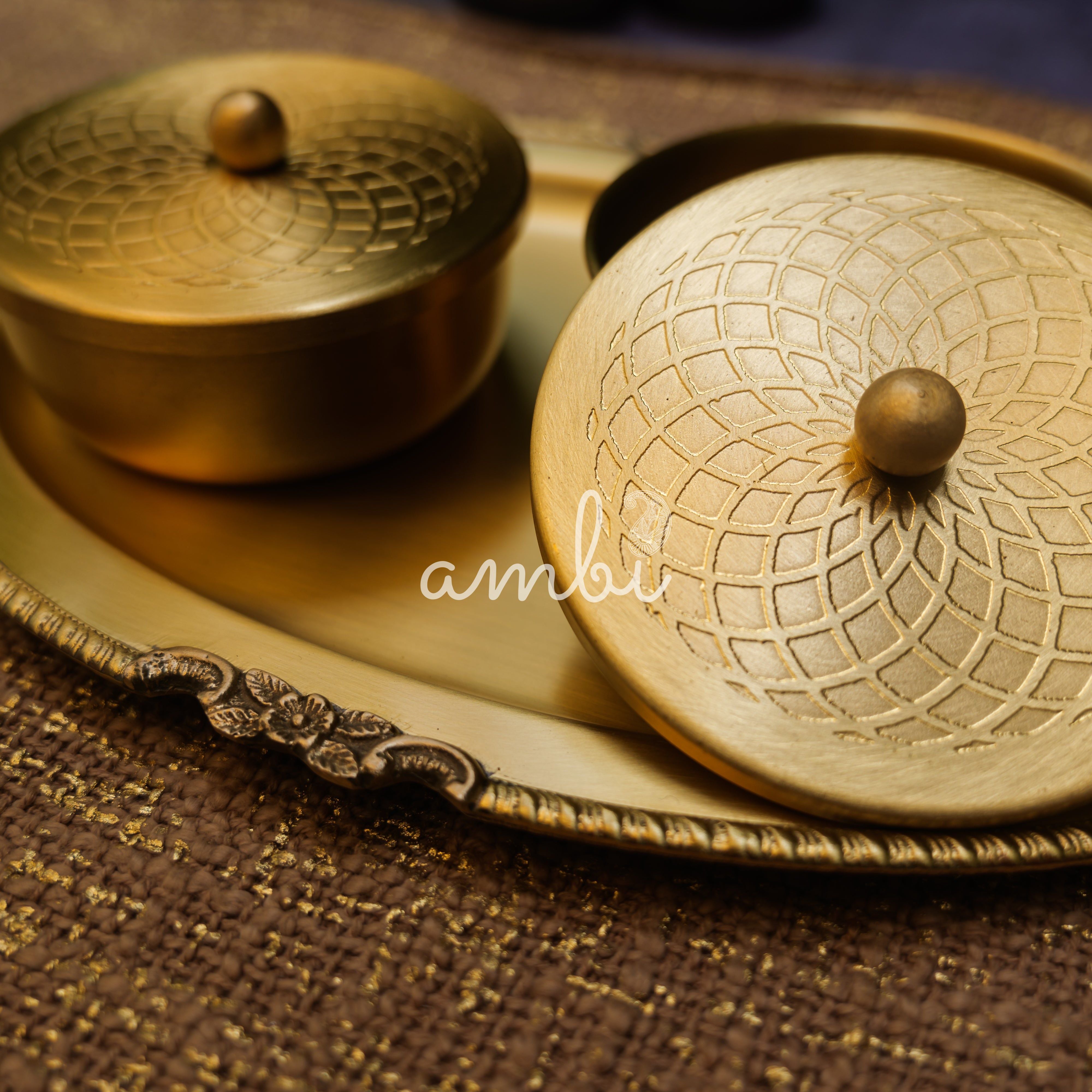 Ambi Pure Brass Inlay Spice / Nut Storage Boxes Serving Tray - Spiral Design - 3 pcs set