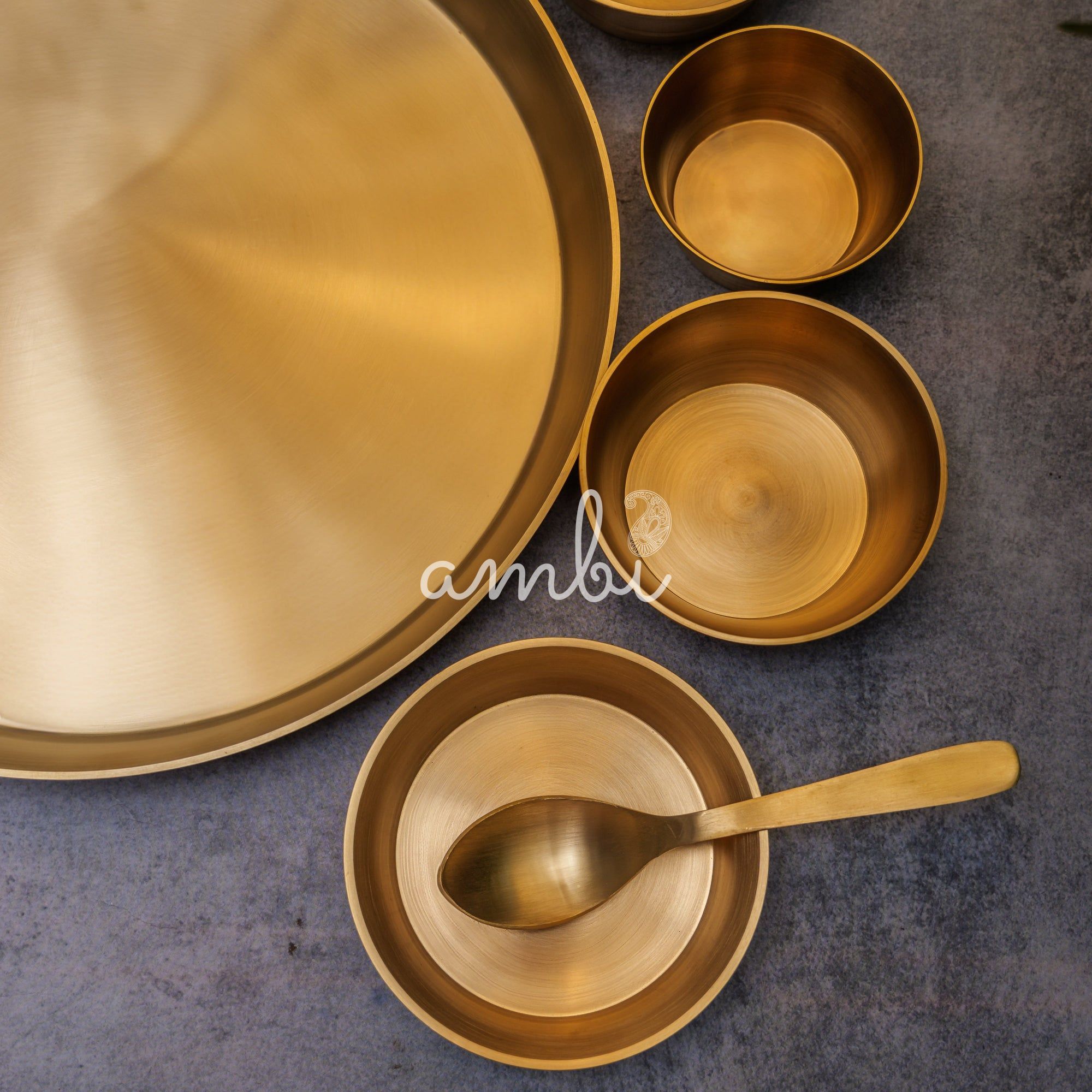 Ambi Pure Brass Fluid Grace' Ethnic Thali Set of 7 - Heavy Make