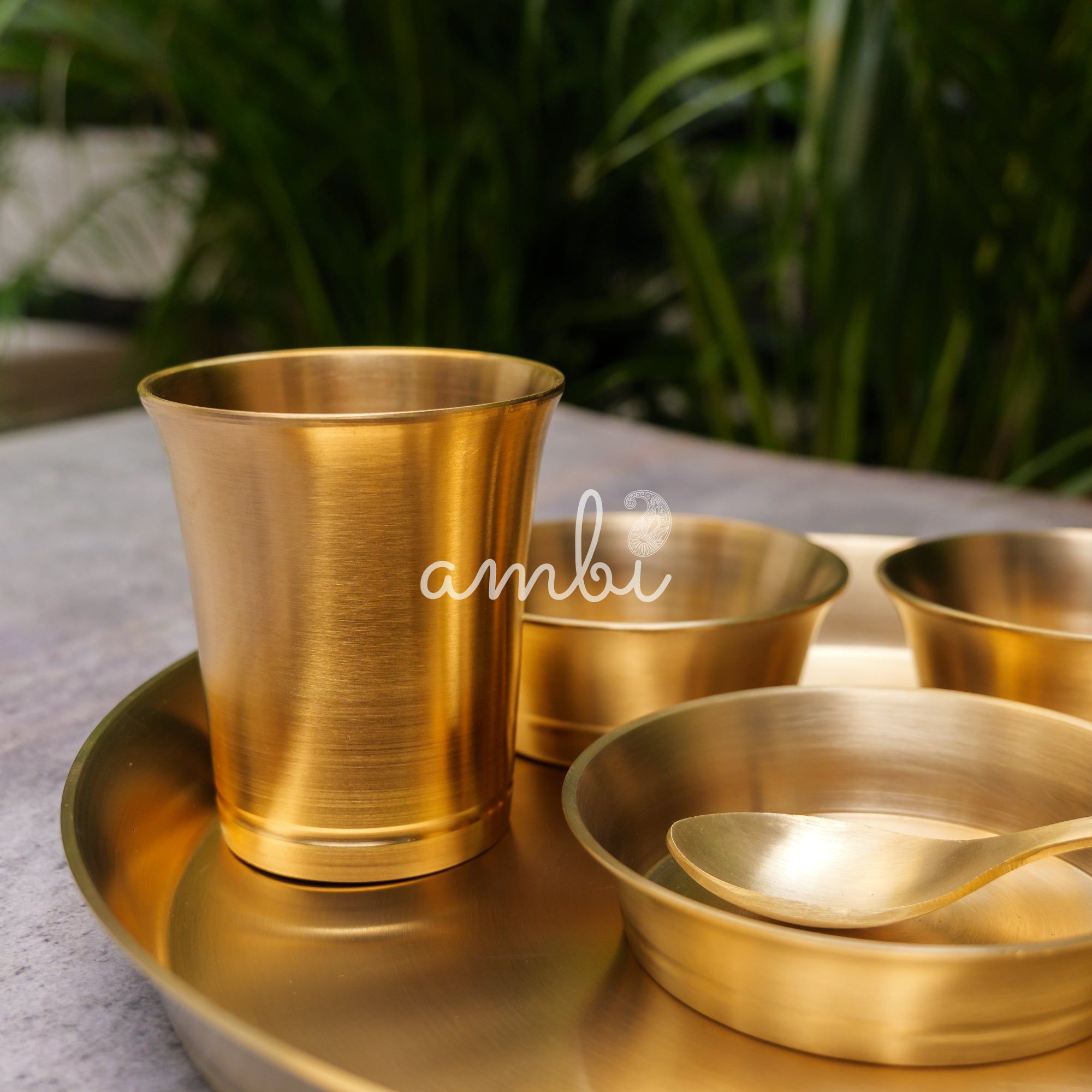 Ambi Pure Brass Fluid Grace' Ethnic Thali Set of 7 - Heavy Make