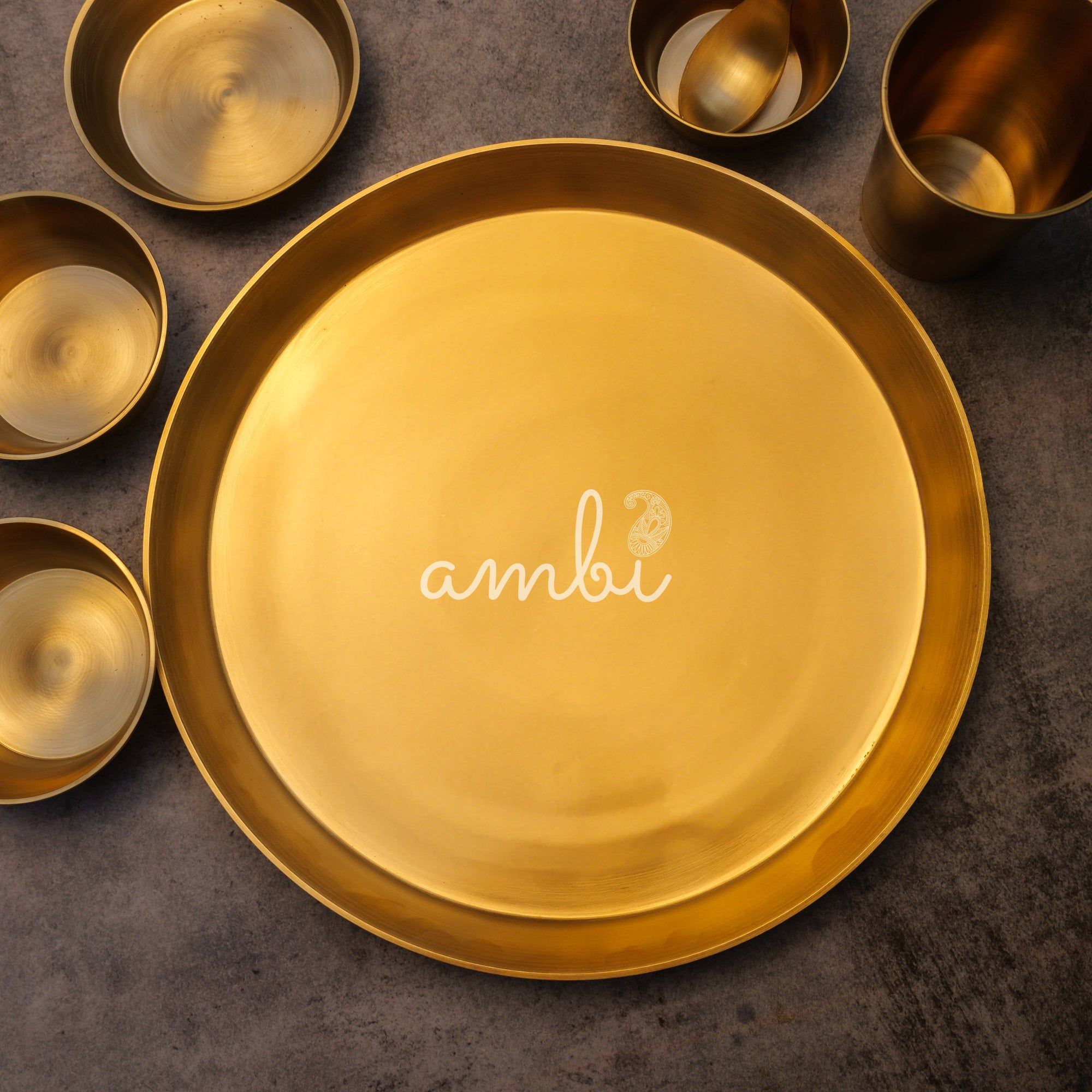 Ambi Pure Brass Fluid Grace' Ethnic Thali Set of 7 - Heavy Make