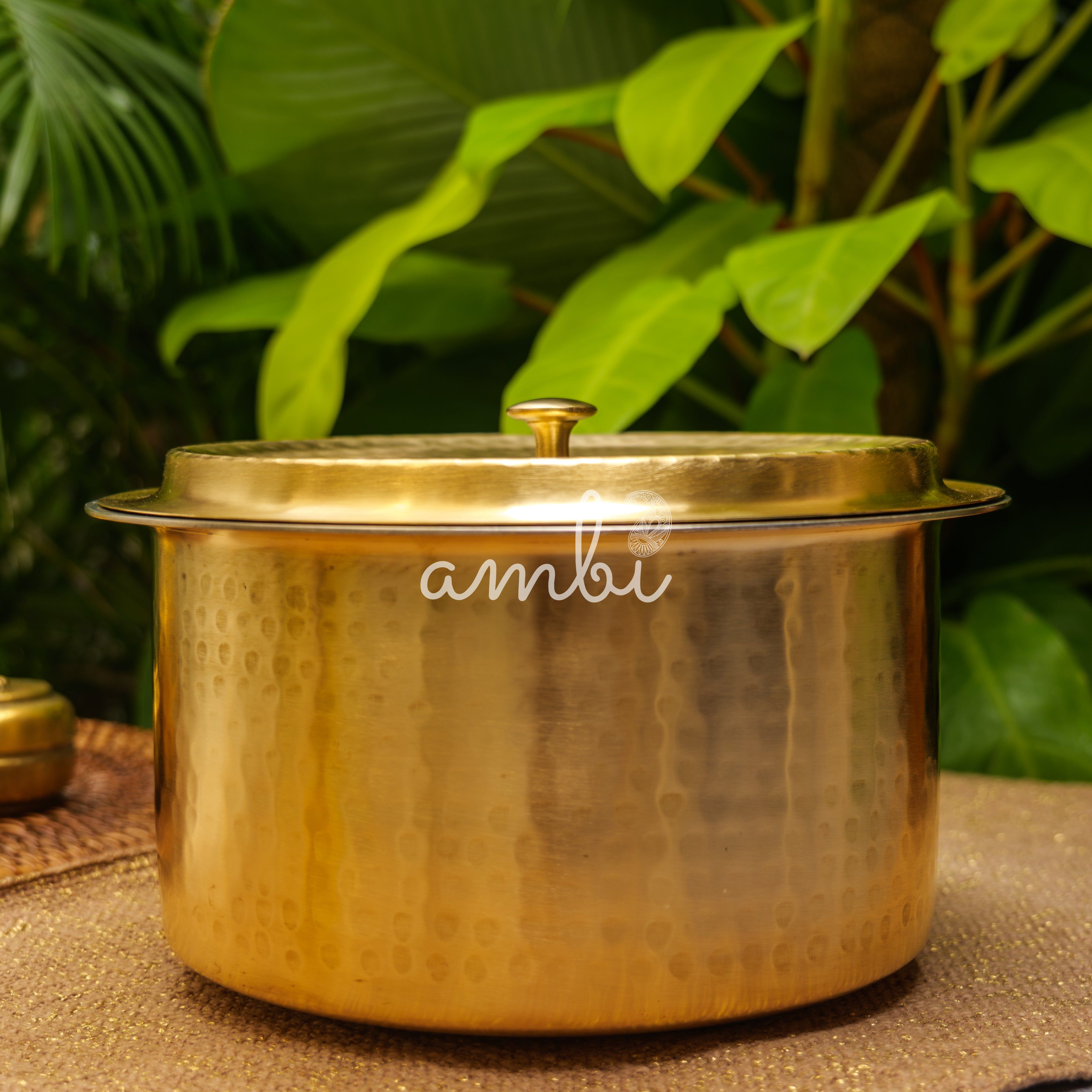 Beautiful Pure Brass Traditional Hammered Patila (with Kalai Tin Coating) and Lid- 5 Lts