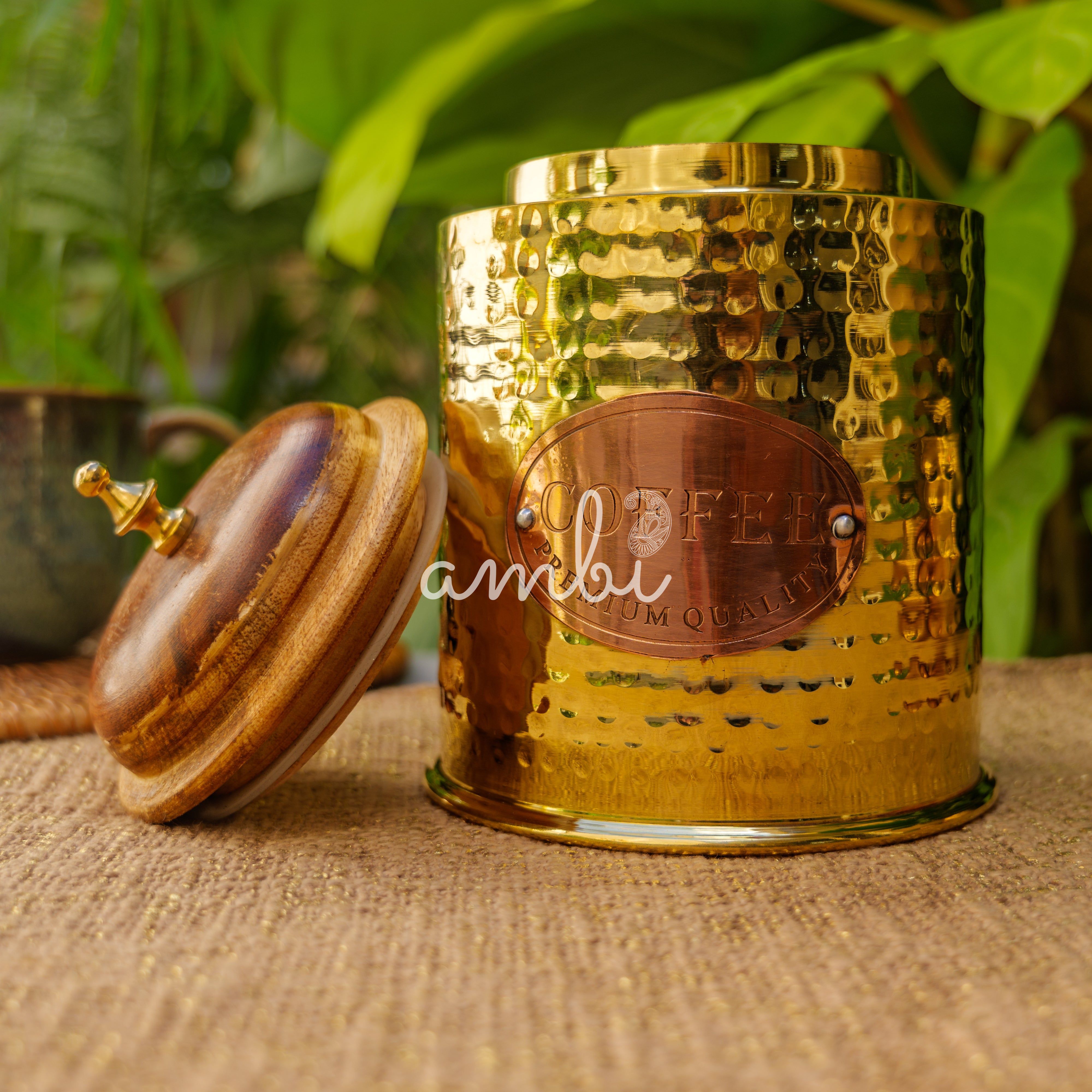 Coffee Jar - Pure Brass Hammered Jar Storage container - Small - Wood Lid