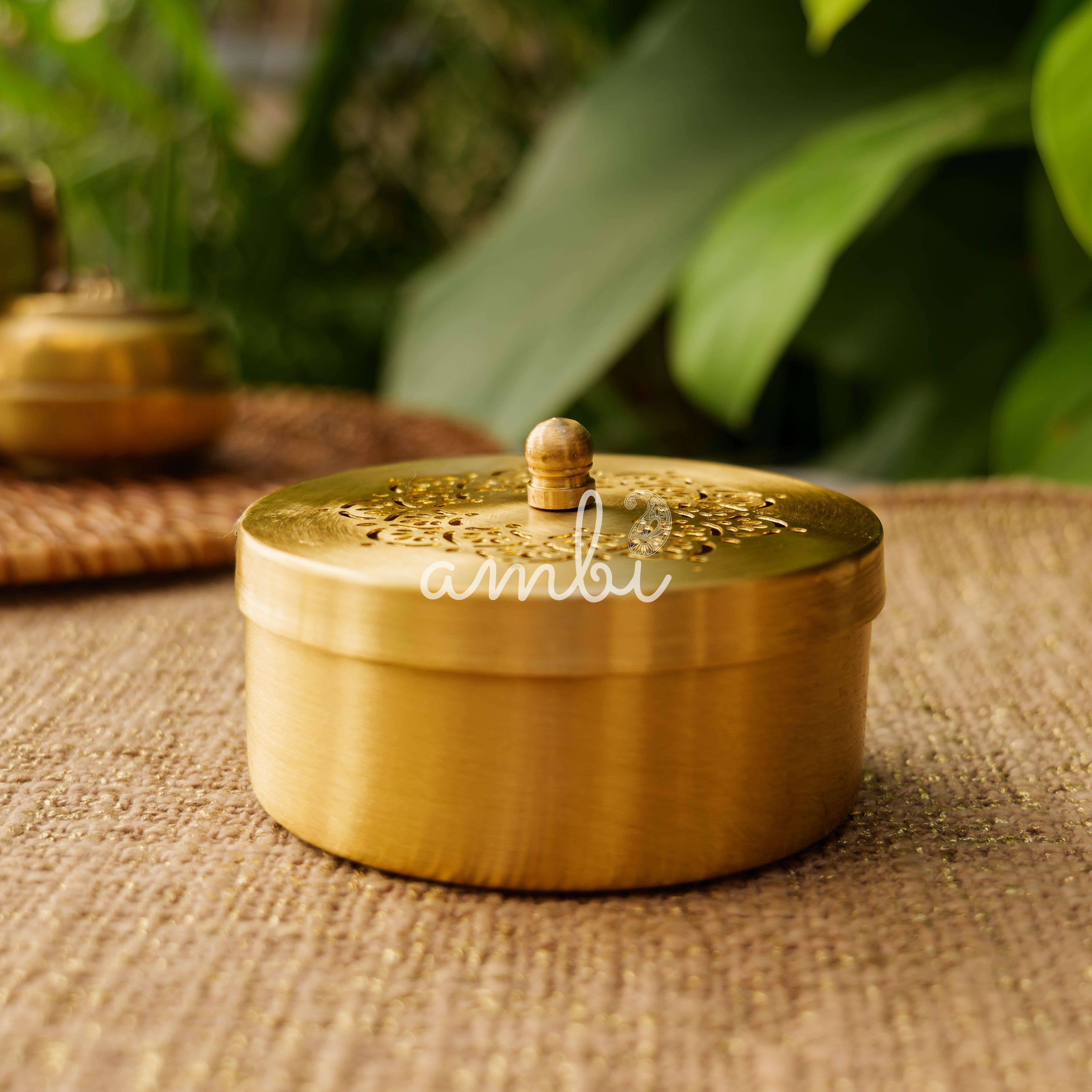 Brass Inlay Spice / Nut Storage Box - Star Design - 3.5 Inches Diameter