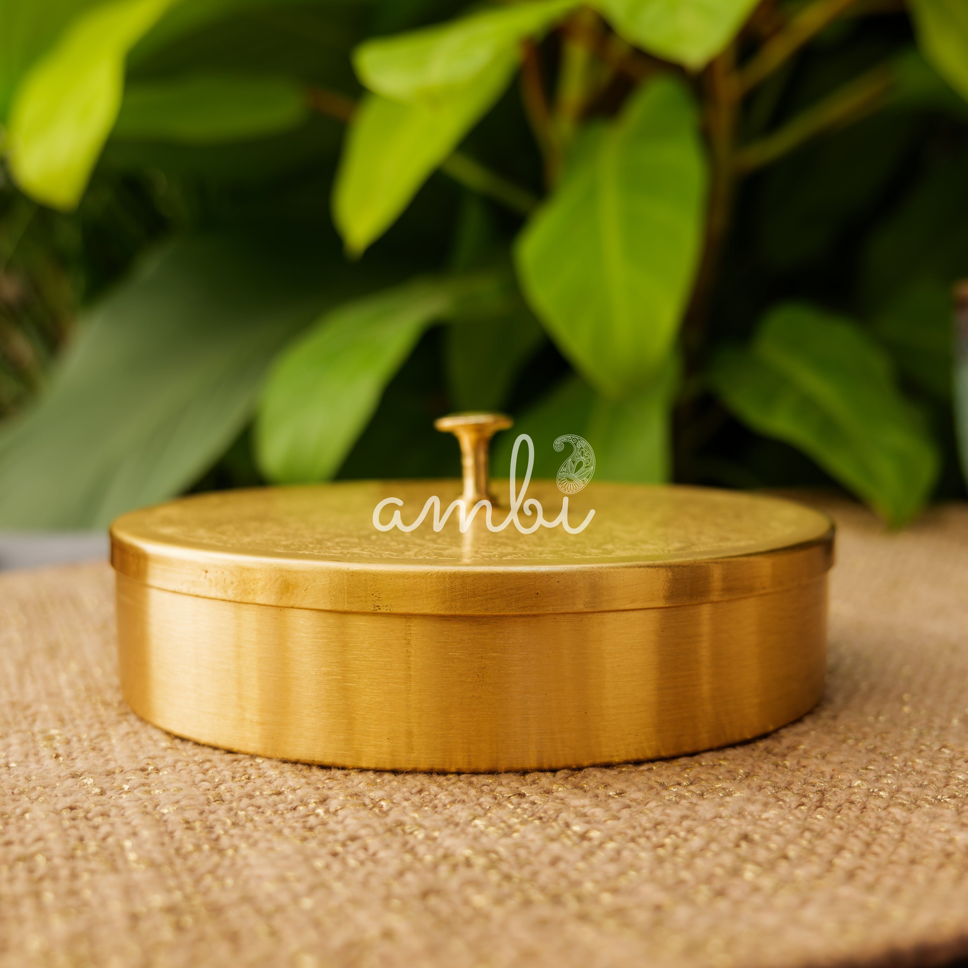 Ambi Pure Brass Elegant Etched Small Round Storage Box / Tiffin Box