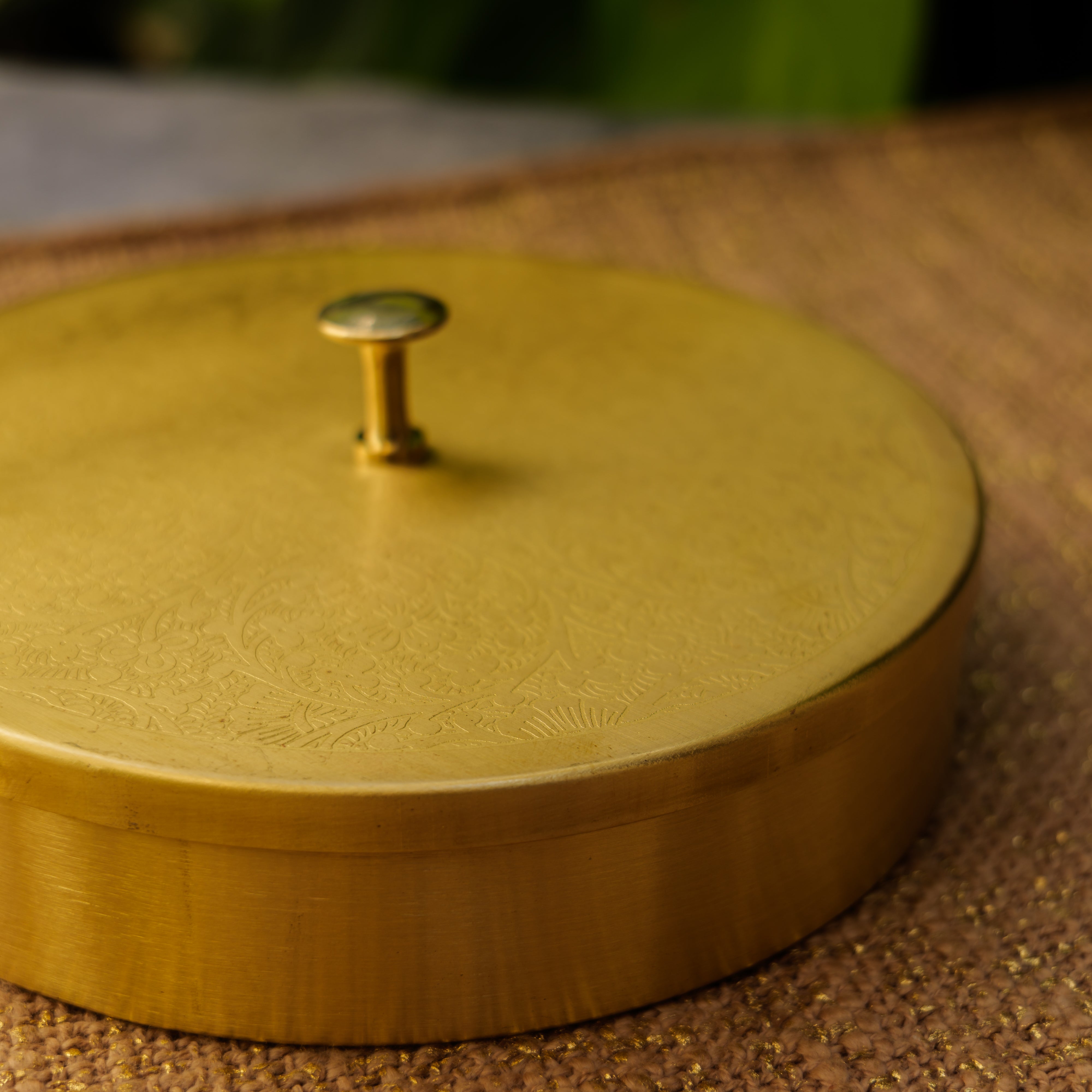 Ambi Pure Brass Elegant Etched Small Round Storage Box / Tiffin Box