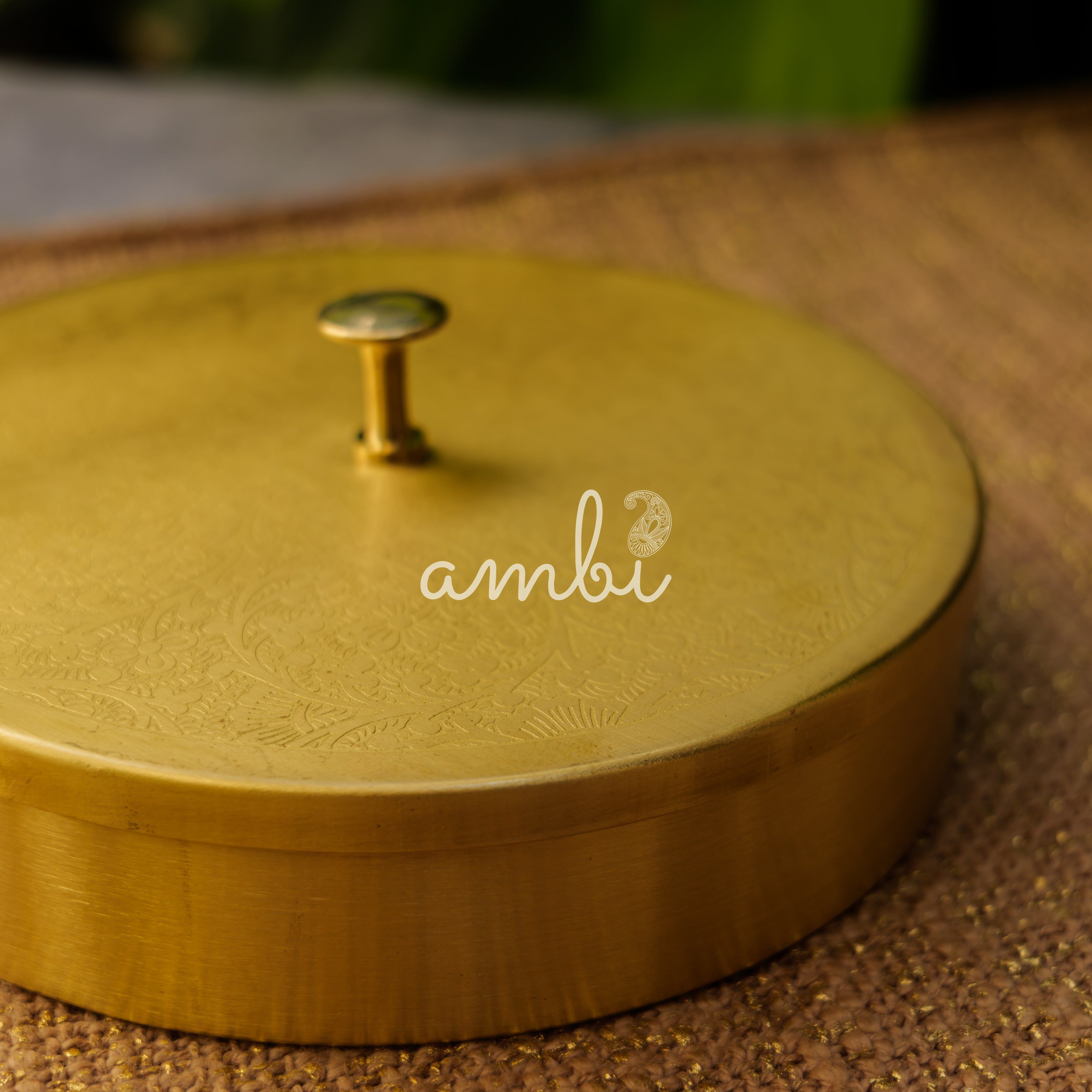 Ambi Pure Brass Elegant Etched Small Round Storage Box / Tiffin Box