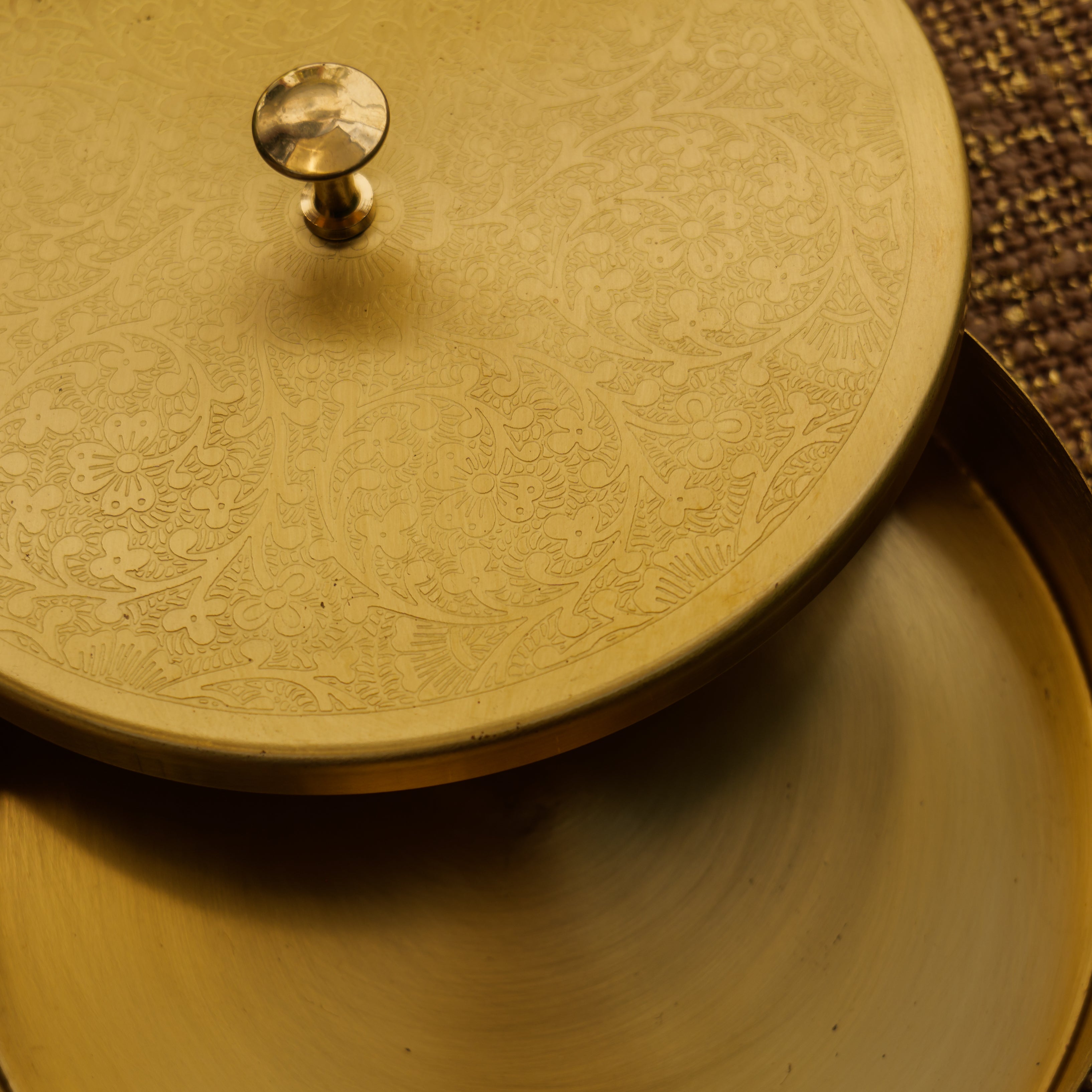 Ambi Pure Brass Elegant Etched Small Round Storage Box / Tiffin Box
