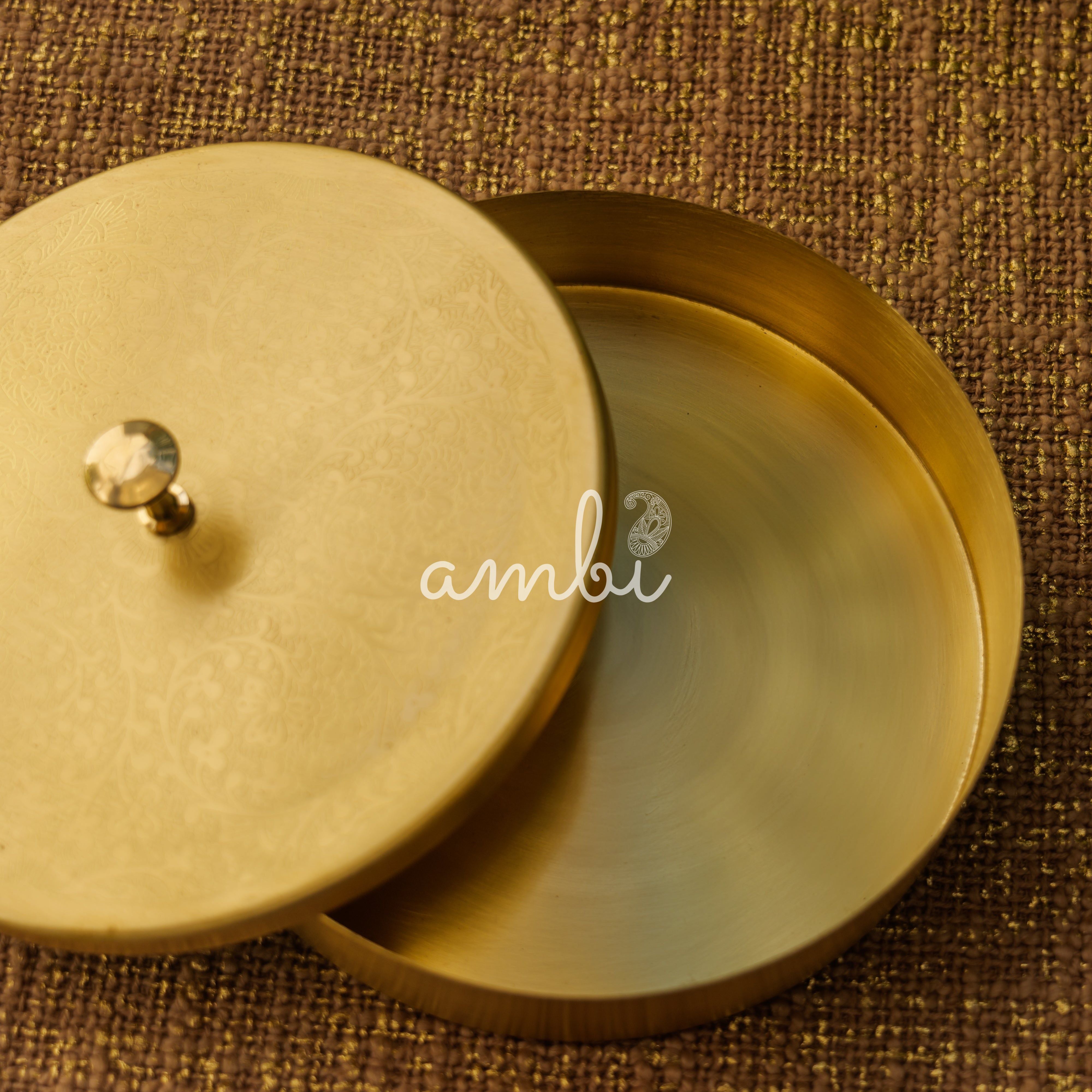 Ambi Pure Brass Elegant Etched Small Round Storage Box / Tiffin Box