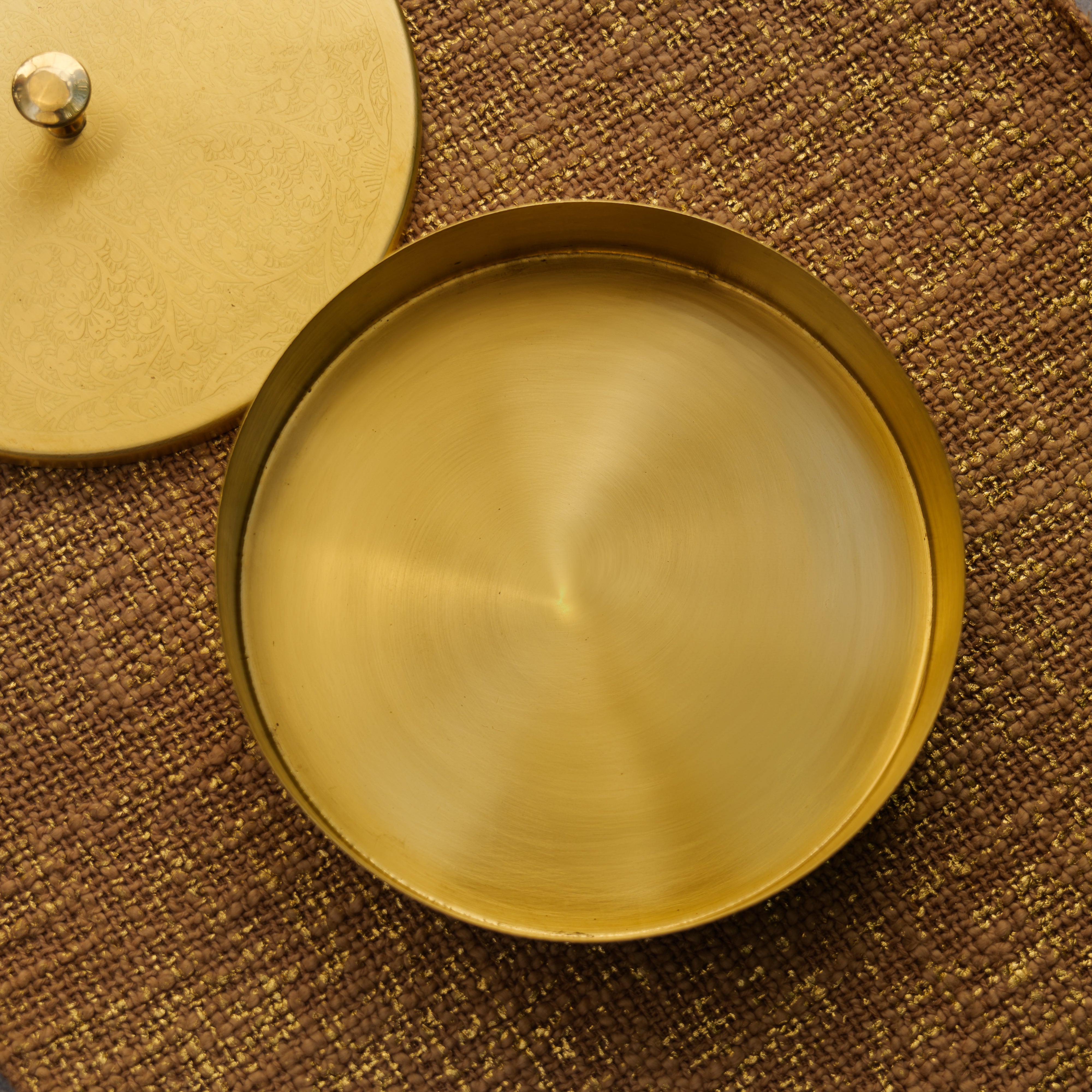 Ambi Pure Brass Elegant Etched Small Round Storage Box / Tiffin Box