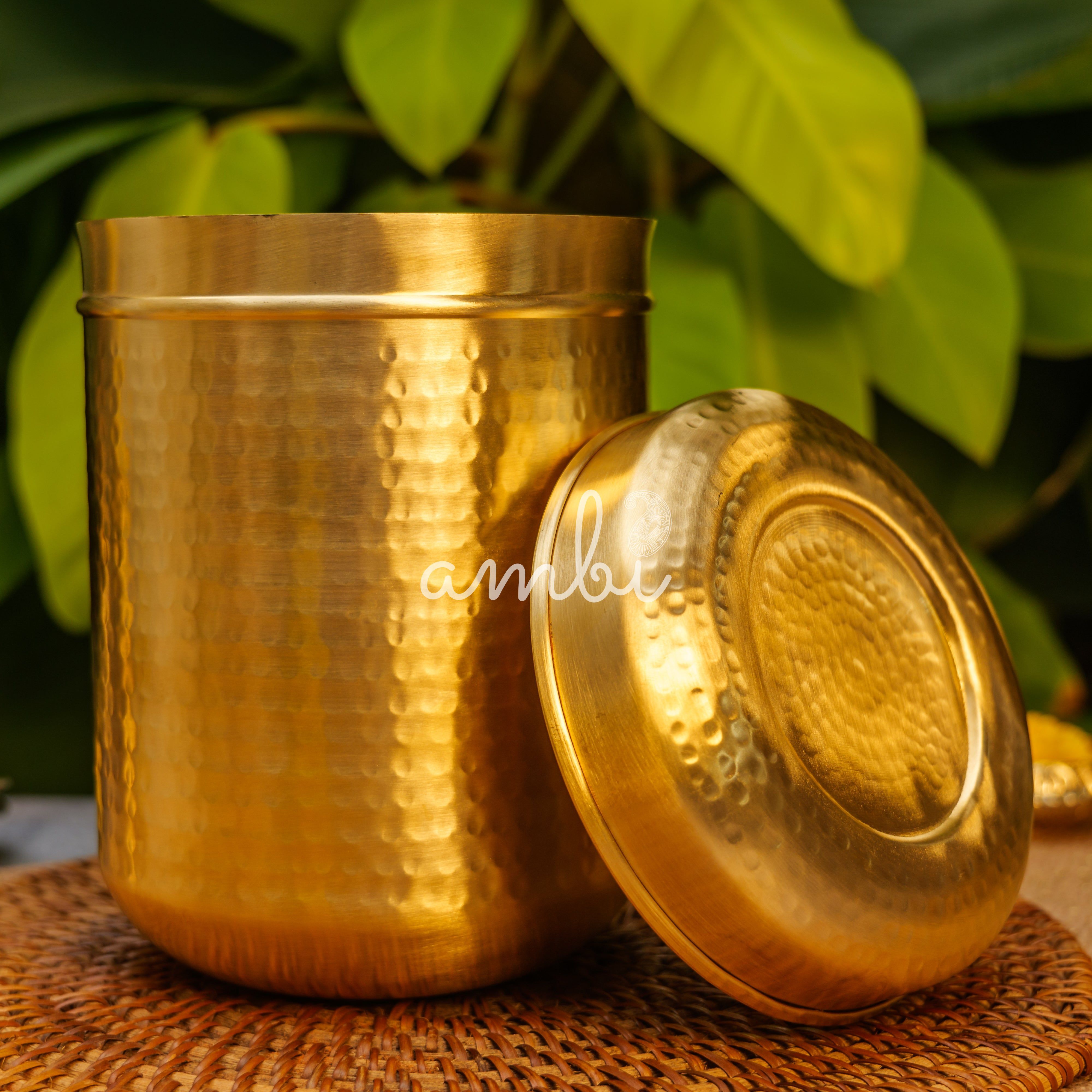 Pure Brass Hammered Kitchen Storage Box for Flour, Spices, Pulses etc - 3 Litres