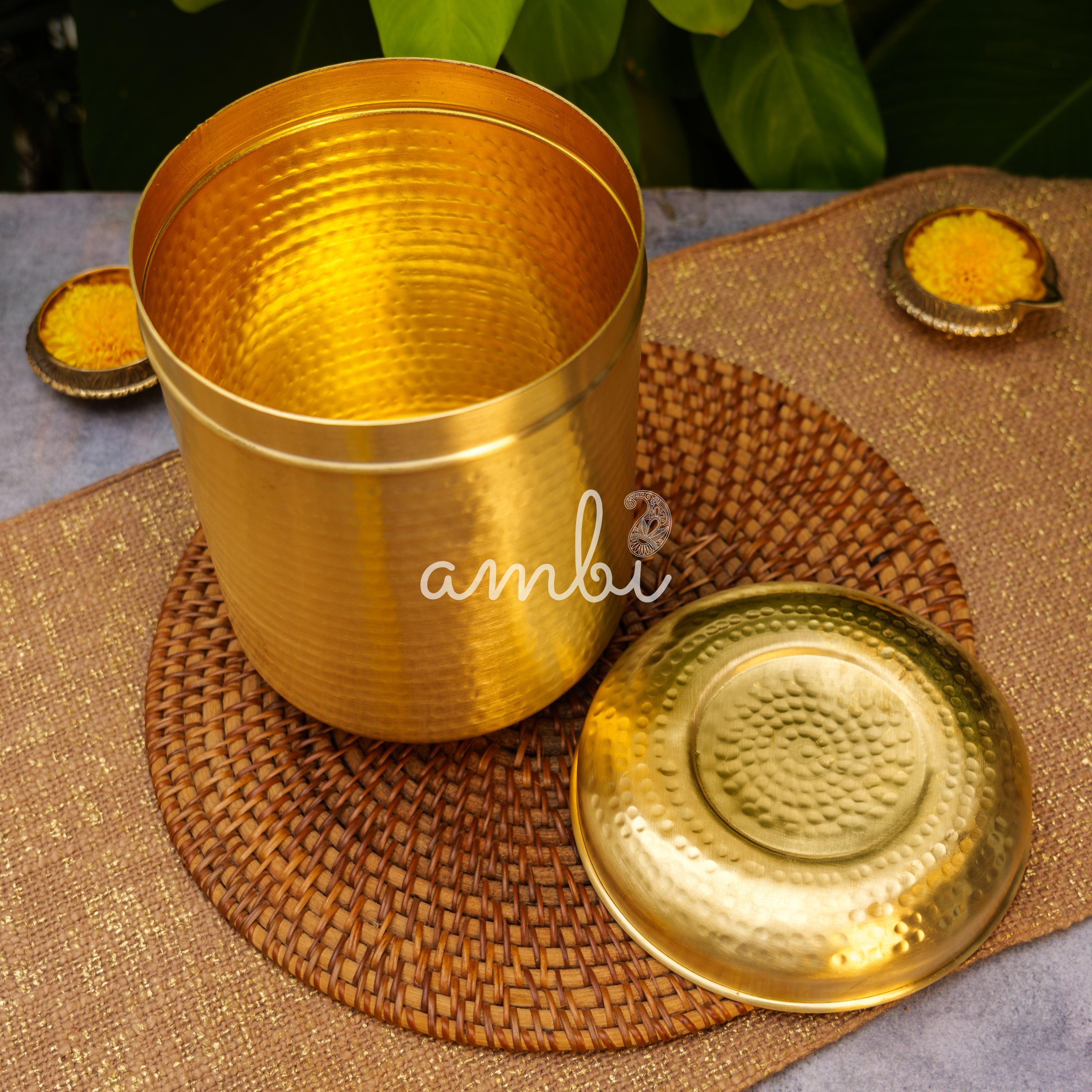 Pure Brass Hammered Kitchen Storage Box for Flour, Spices, Pulses etc - 3.5 Litres