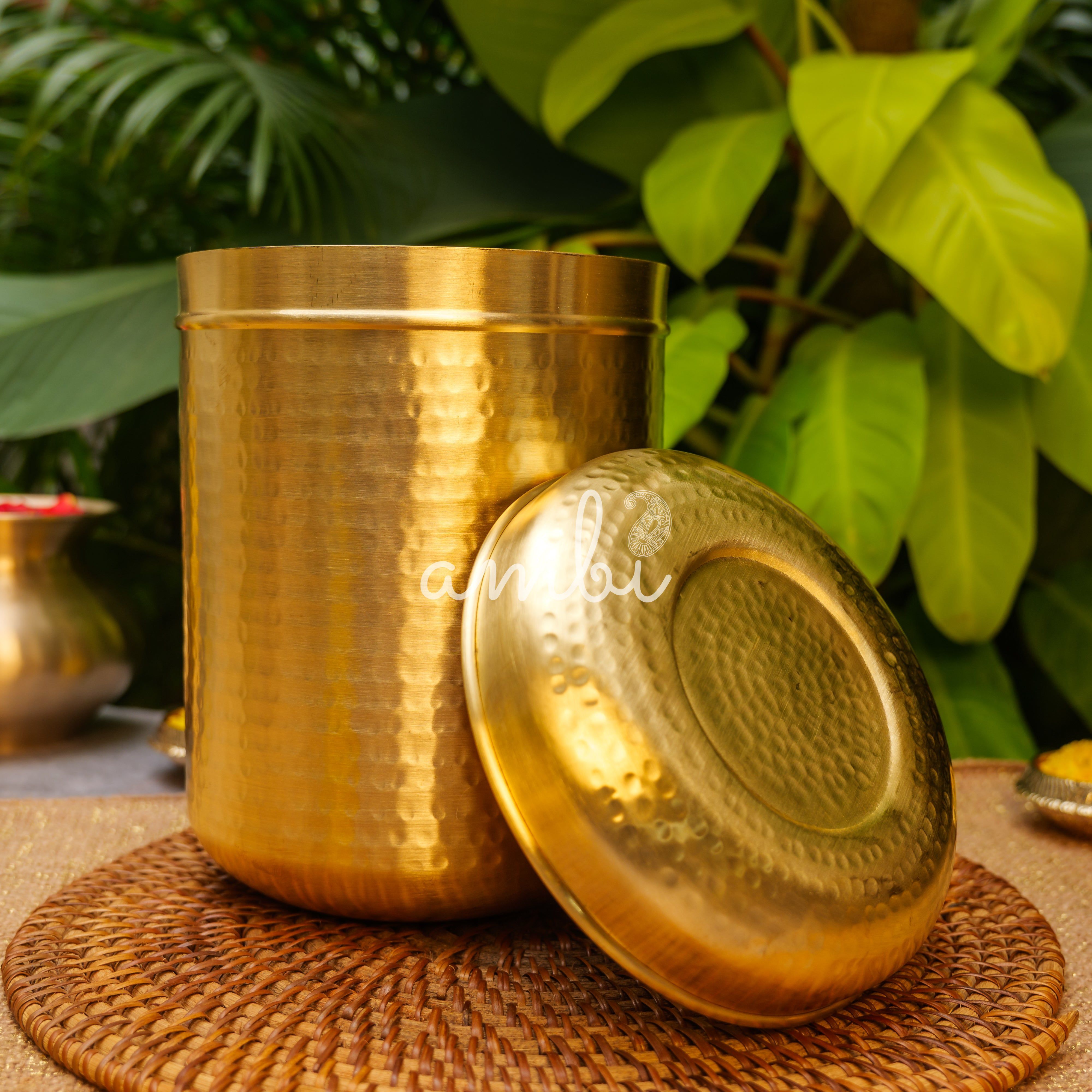 Pure Brass Hammered Kitchen Storage Box for Flour, Spices, Pulses etc - 3.5 Litres