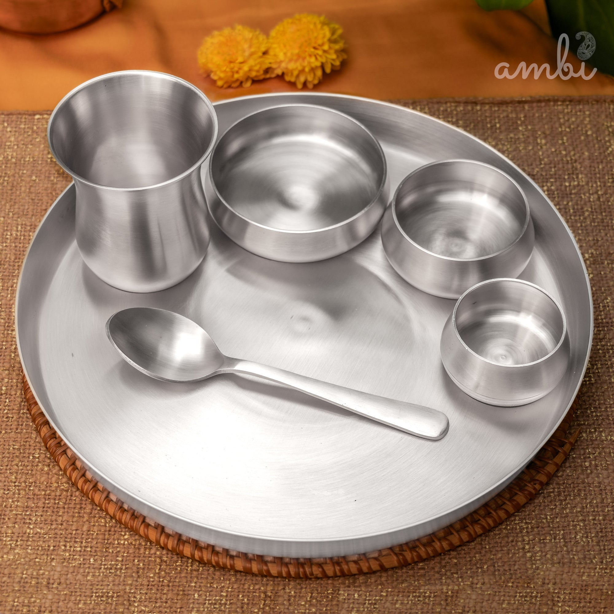 AMBI’S Pure BIS Silver Plated Brass Thali with Pure Silver Finish - Set of 6
