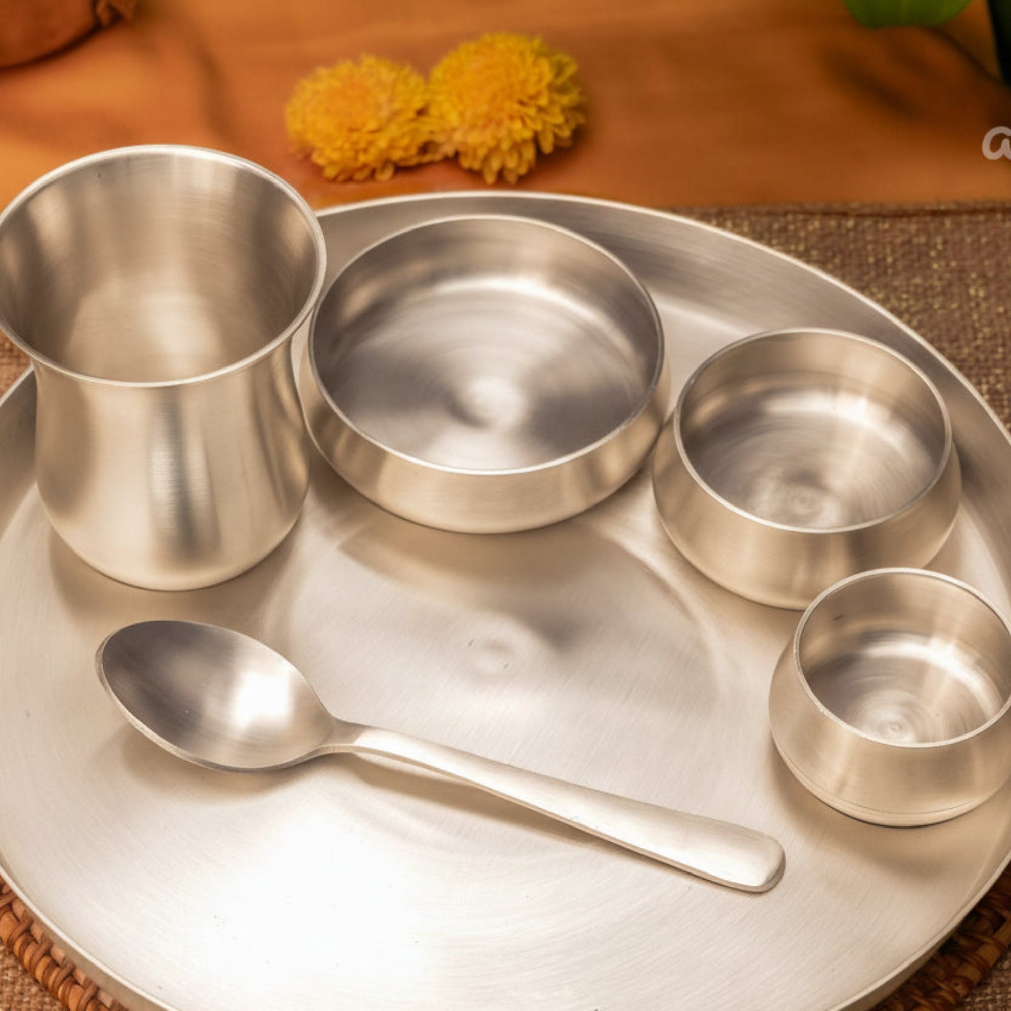 Ambi Silver Thali Set of 6 – BIS 92.5 Certified Pure Silver-Plated Kansa | Luxury Dining