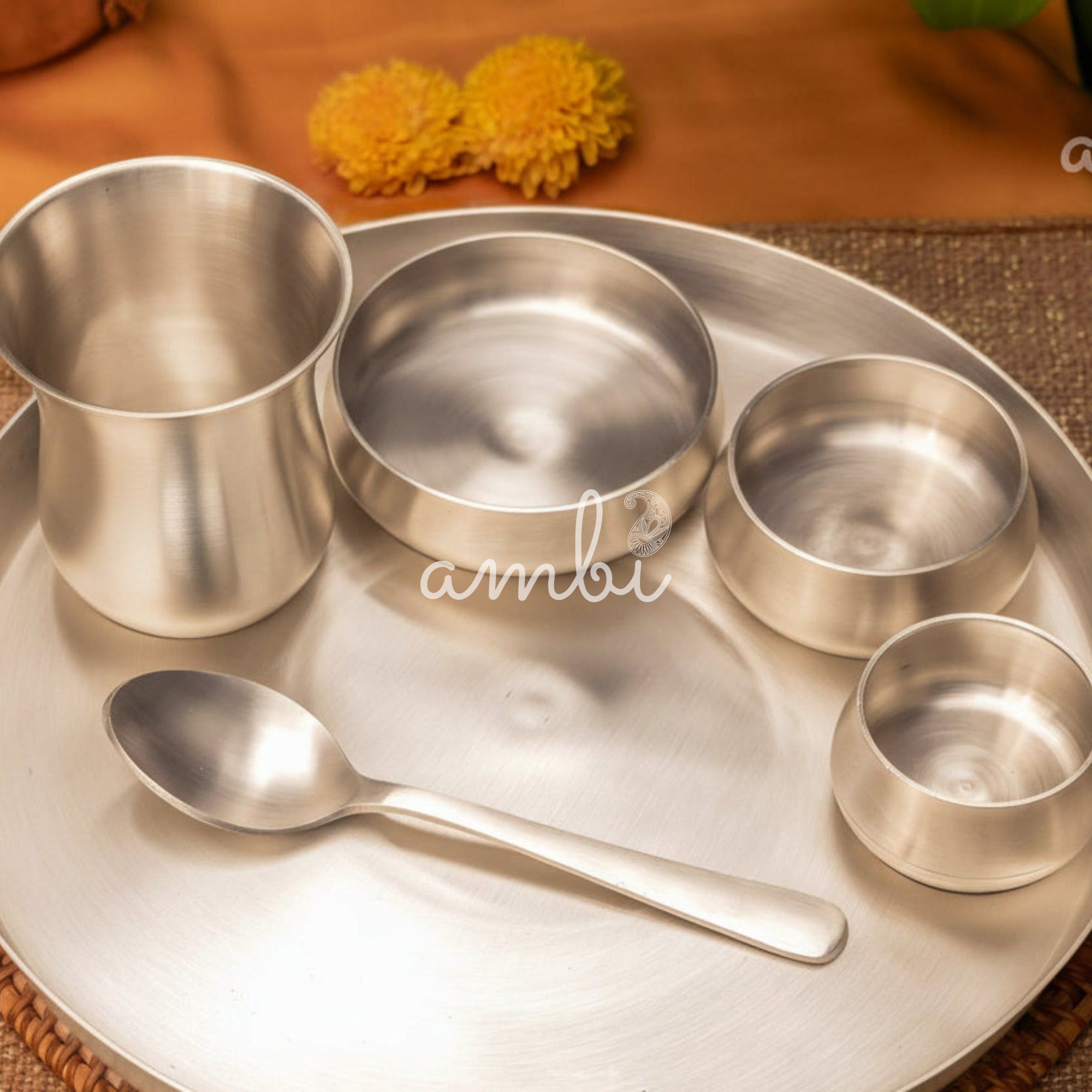 AMBI’S Pure BIS Silver Plated Brass Thali with Pure Silver Finish - Set of 6