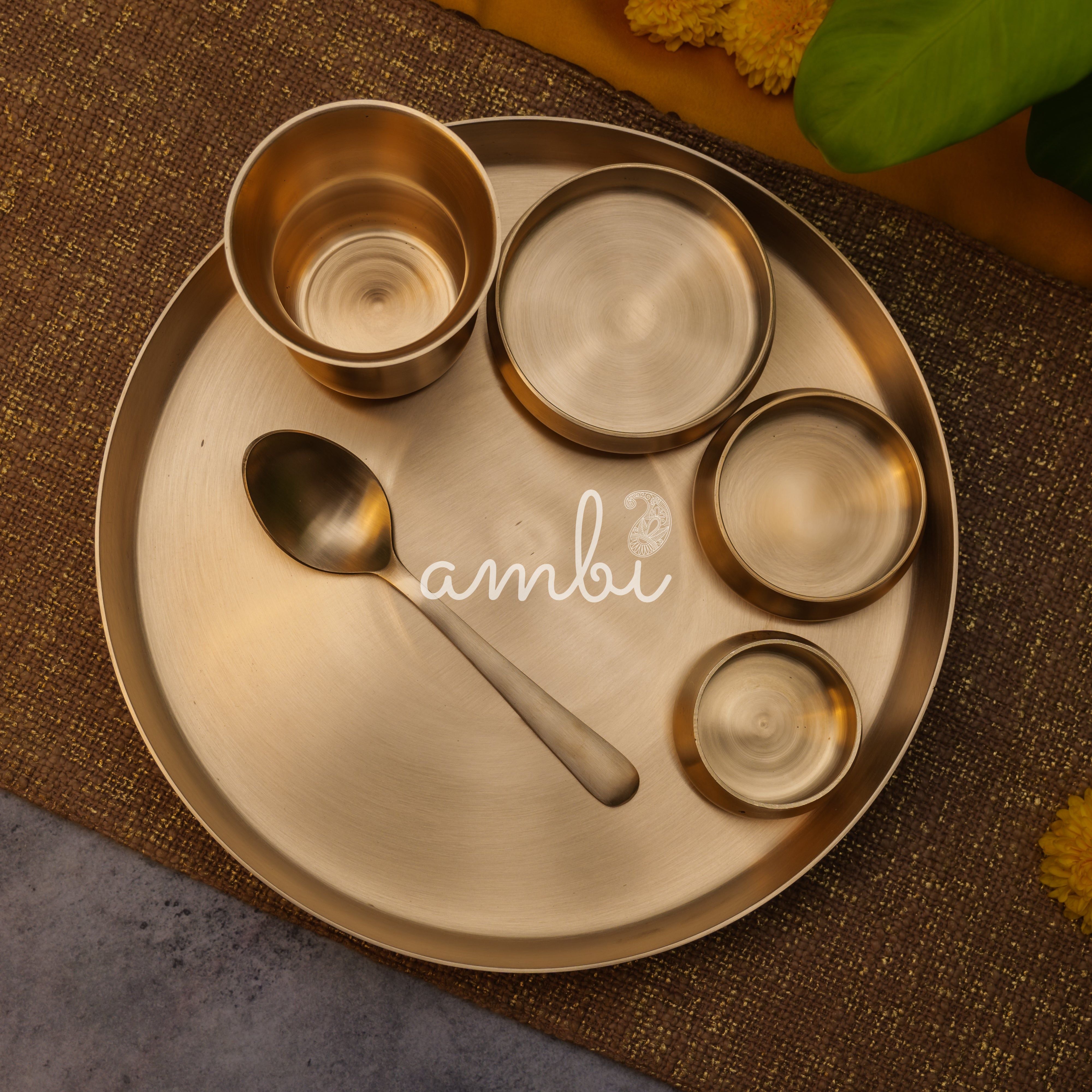 Ambi Pure 100% Lead Free Kansa Curved Thali Set - Set of 6 pieces - Matt Finish Heavy Masterpiece