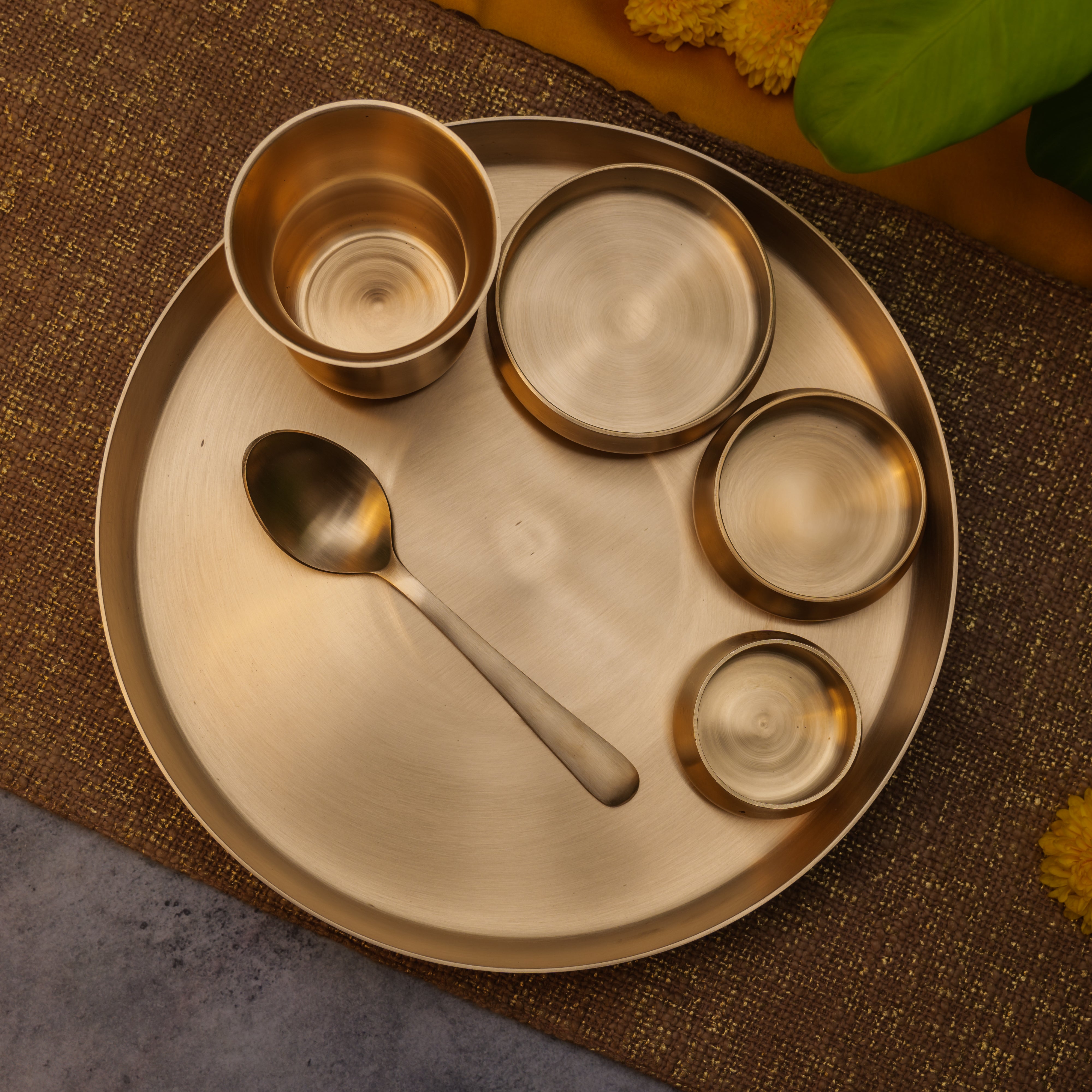 Ambi Pure 100% Lead Free Kansa Curved Thali Set - Set of 6 pieces - Matt Finish Heavy Masterpiece