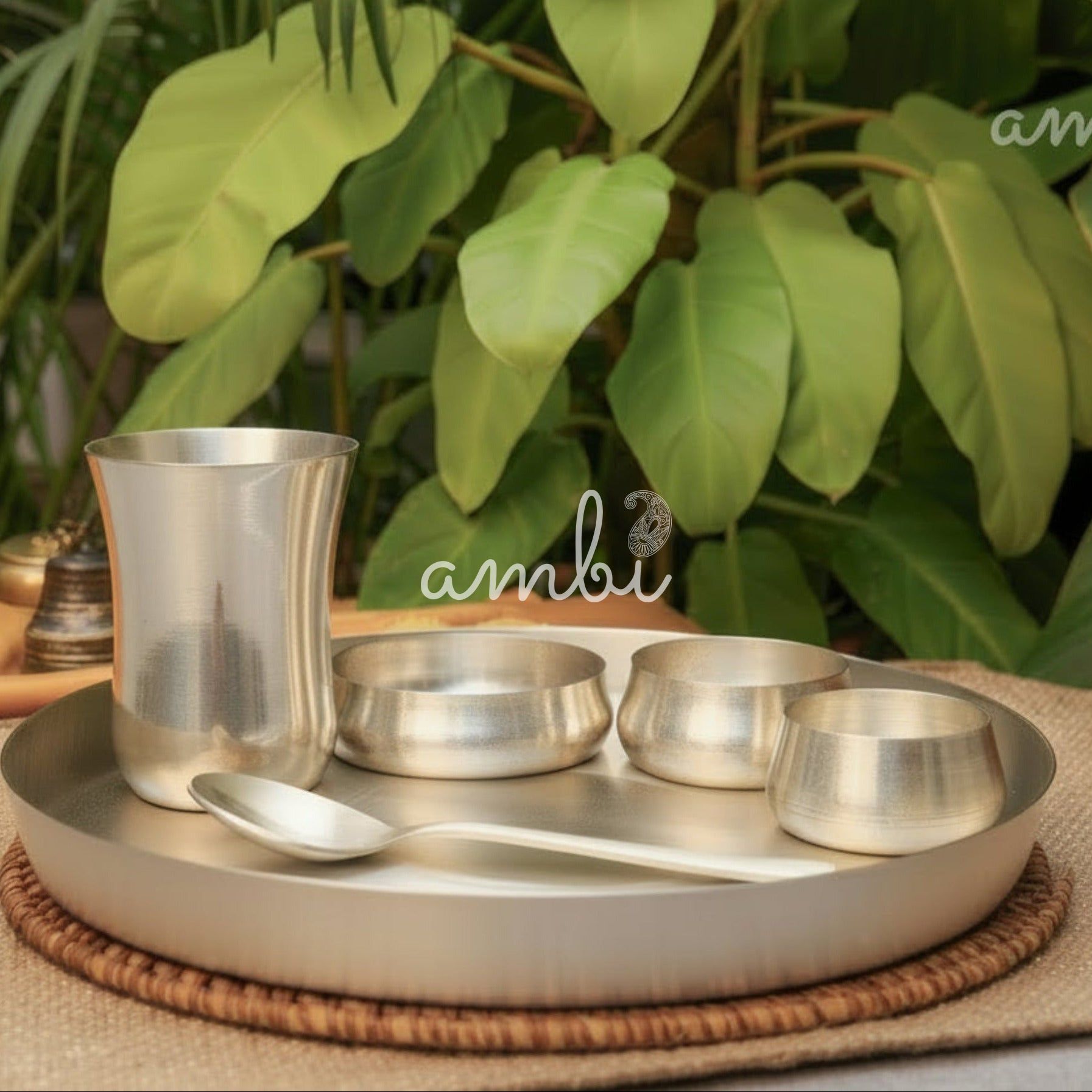 AMBI’S Pure BIS Silver Plated Brass Thali with Pure Silver Finish - Set of 6