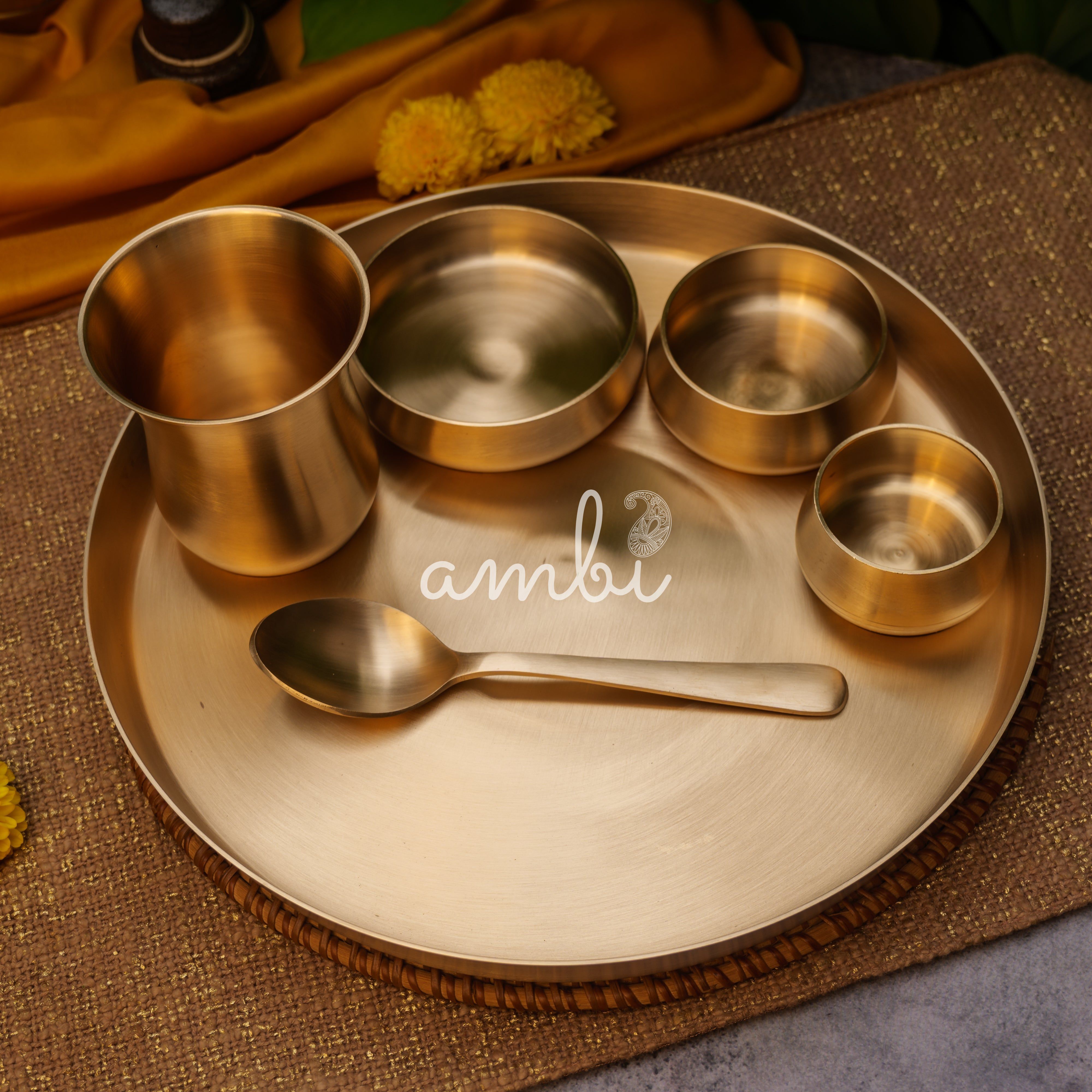 Ambi Pure 100% Lead Free Kansa Curved Thali Set - Set of 6 pieces - Matt Finish Heavy Masterpiece