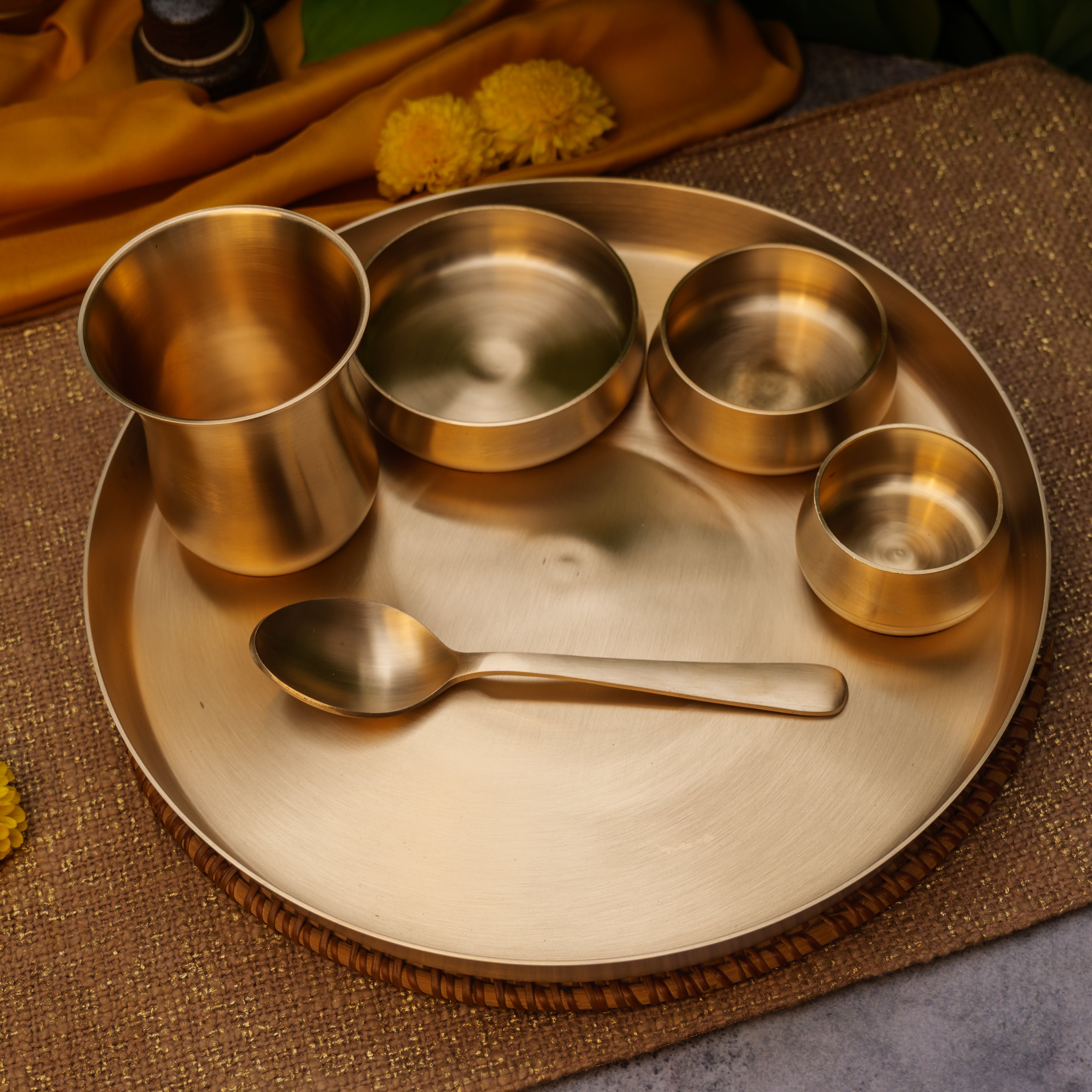 Ambi Pure 100% Lead Free Kansa Curved Thali Set - Set of 6 pieces - Matt Finish Heavy Masterpiece