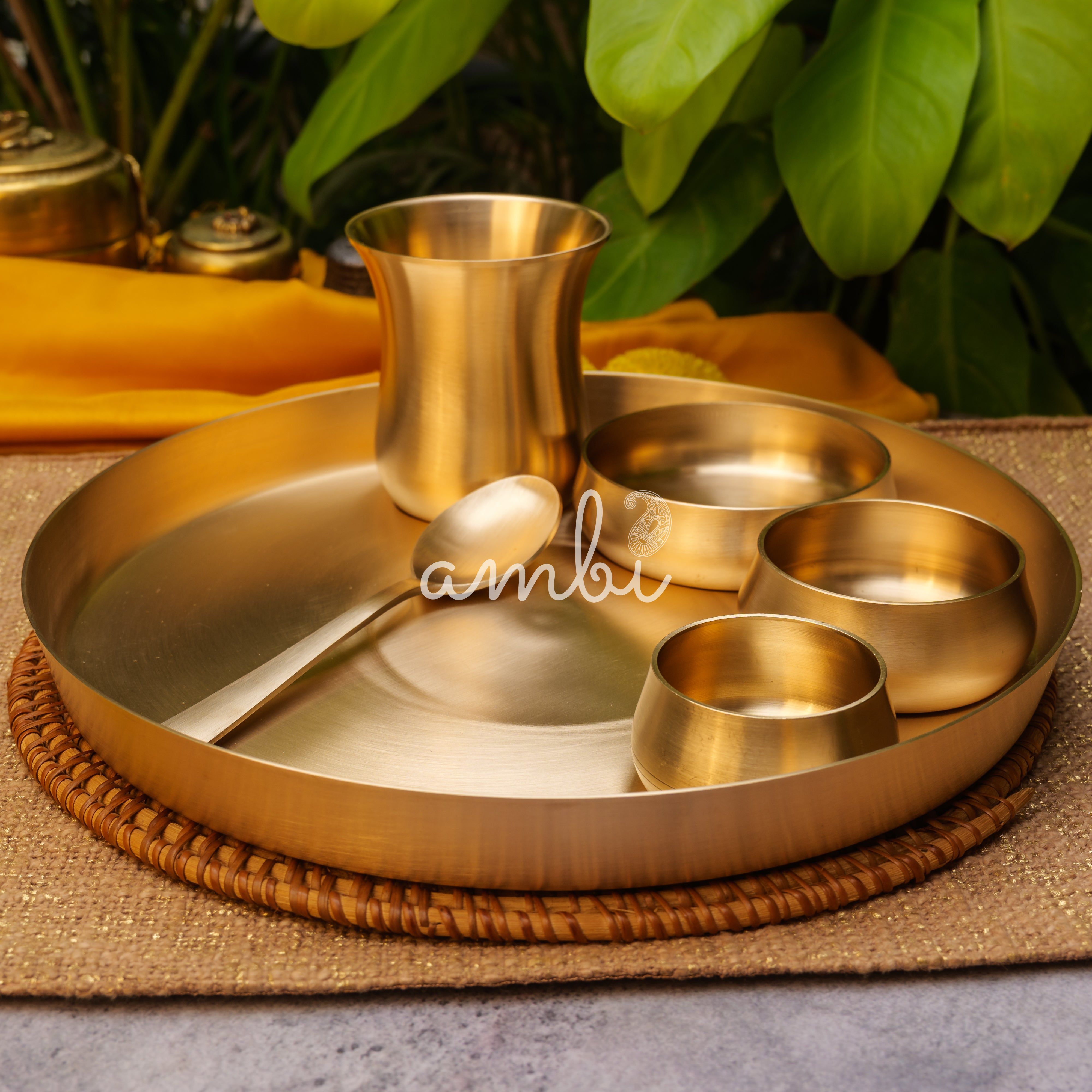 Ambi Pure 100% Lead Free Kansa Curved Thali Set - Set of 6 pieces - Matt Finish Heavy Masterpiece