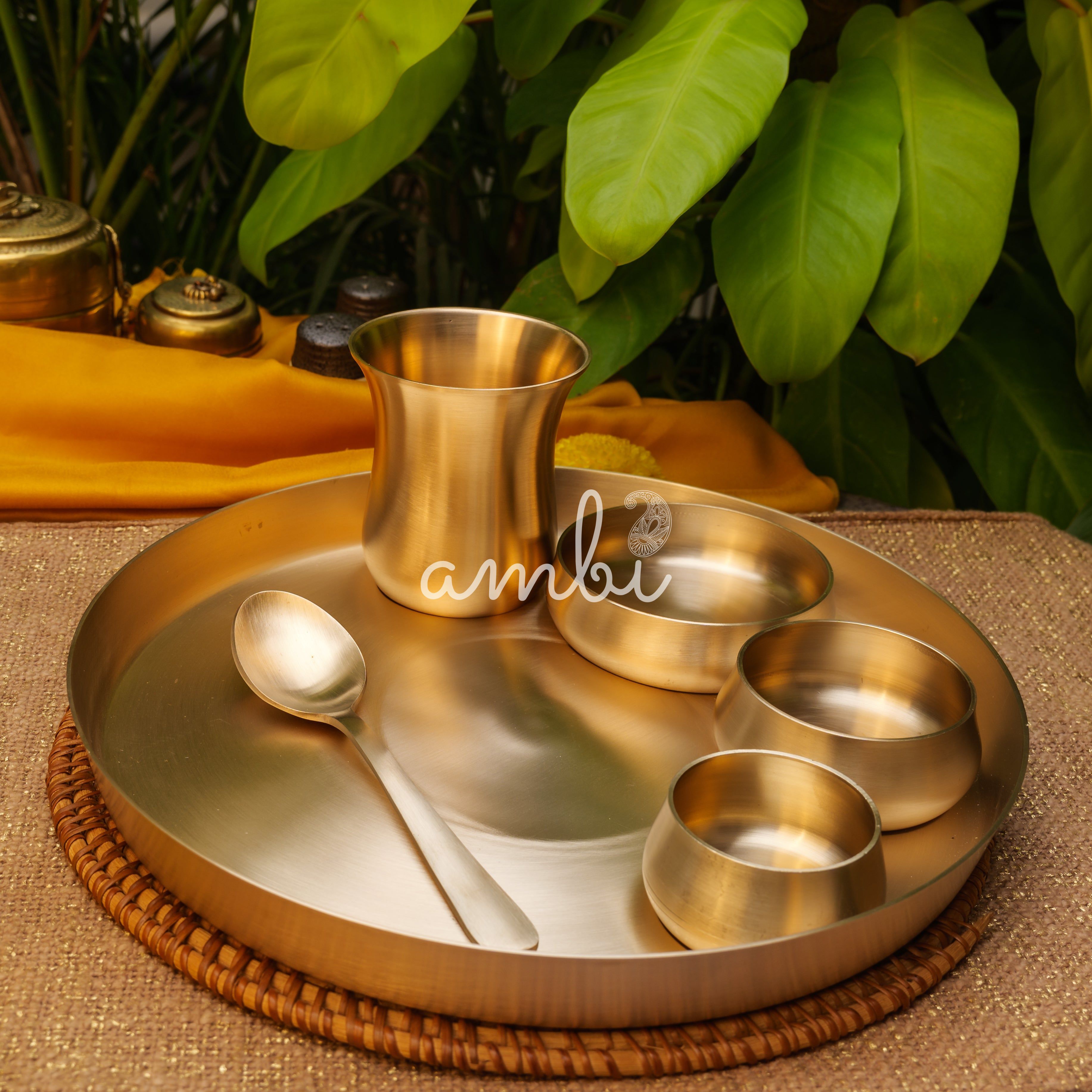 Ambi Pure 100% Lead Free Kansa Curved Thali Set - Set of 6 pieces - Matt Finish Heavy Masterpiece