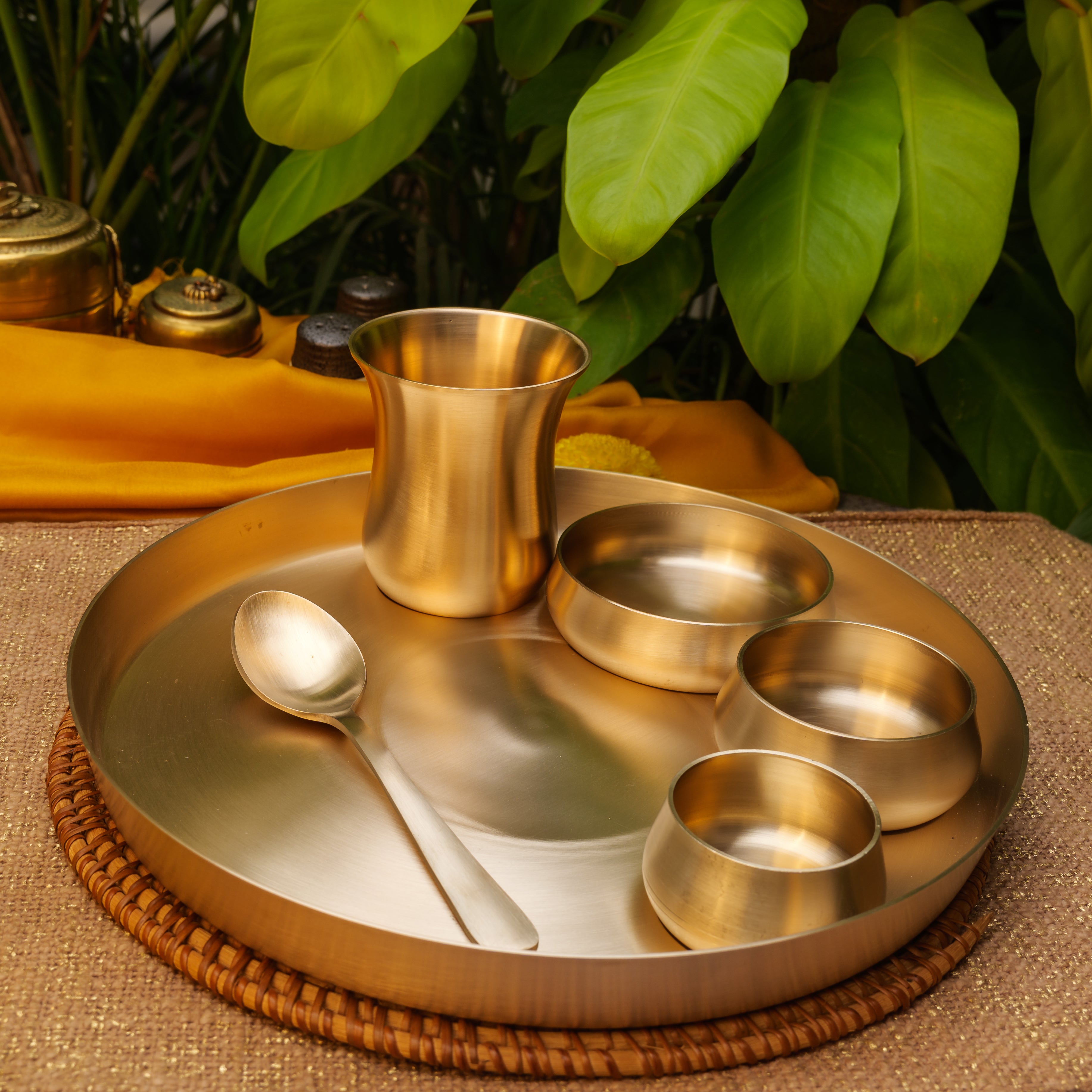 Ambi Pure 100% Lead Free Kansa Curved Thali Set - Set of 6 pieces - Matt Finish Heavy Masterpiece