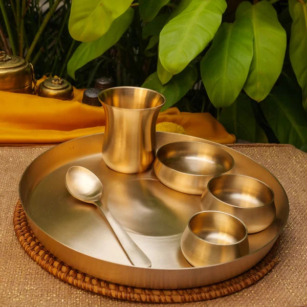 Ambi Pure 100% Lead Free Kansa Curved Thali Set Gift Box - Set of 6 pieces - Matt Finish Heavy Masterpiece