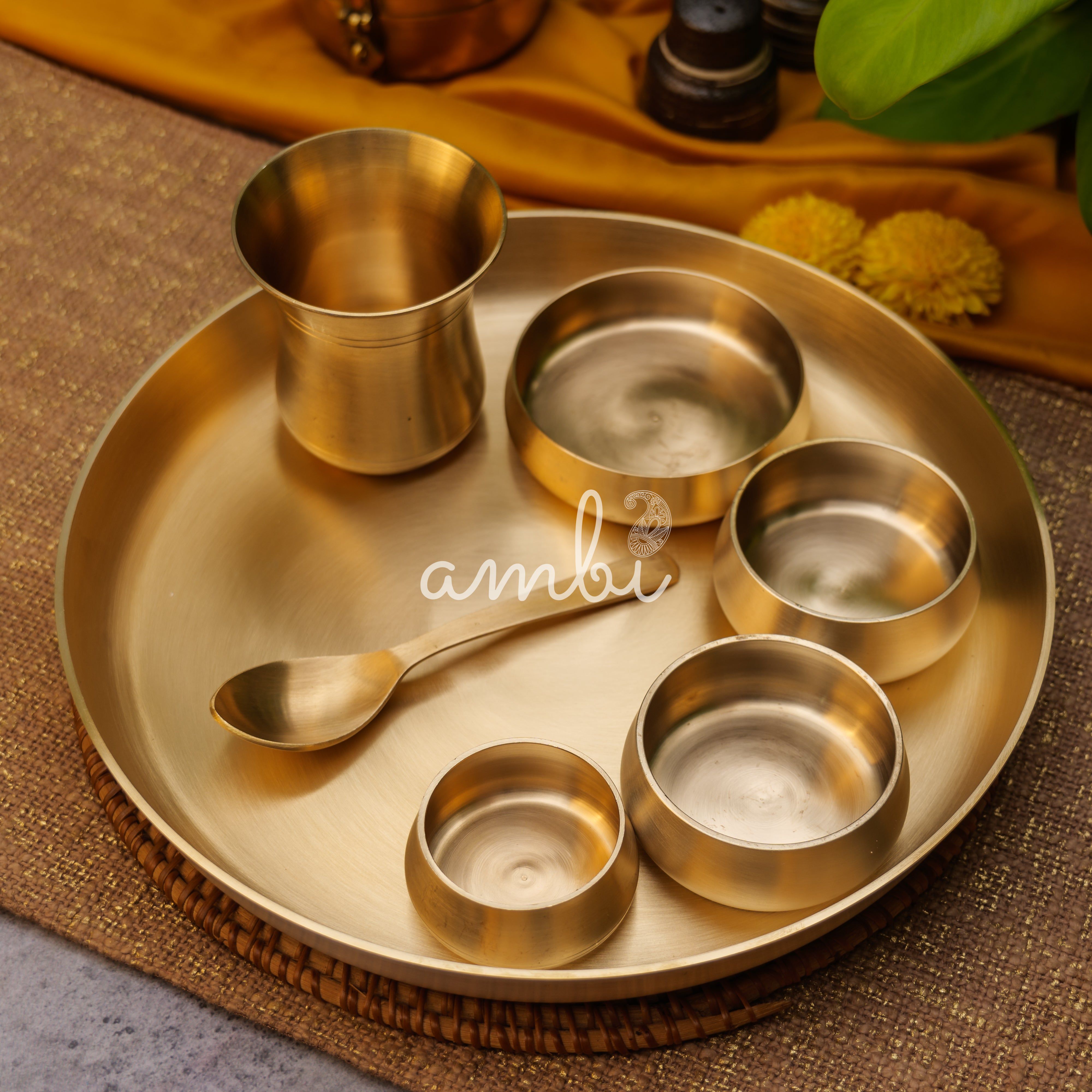 Curved Brass Thali Set - Set of 7 pieces - Matt Finish - Heavy Grade