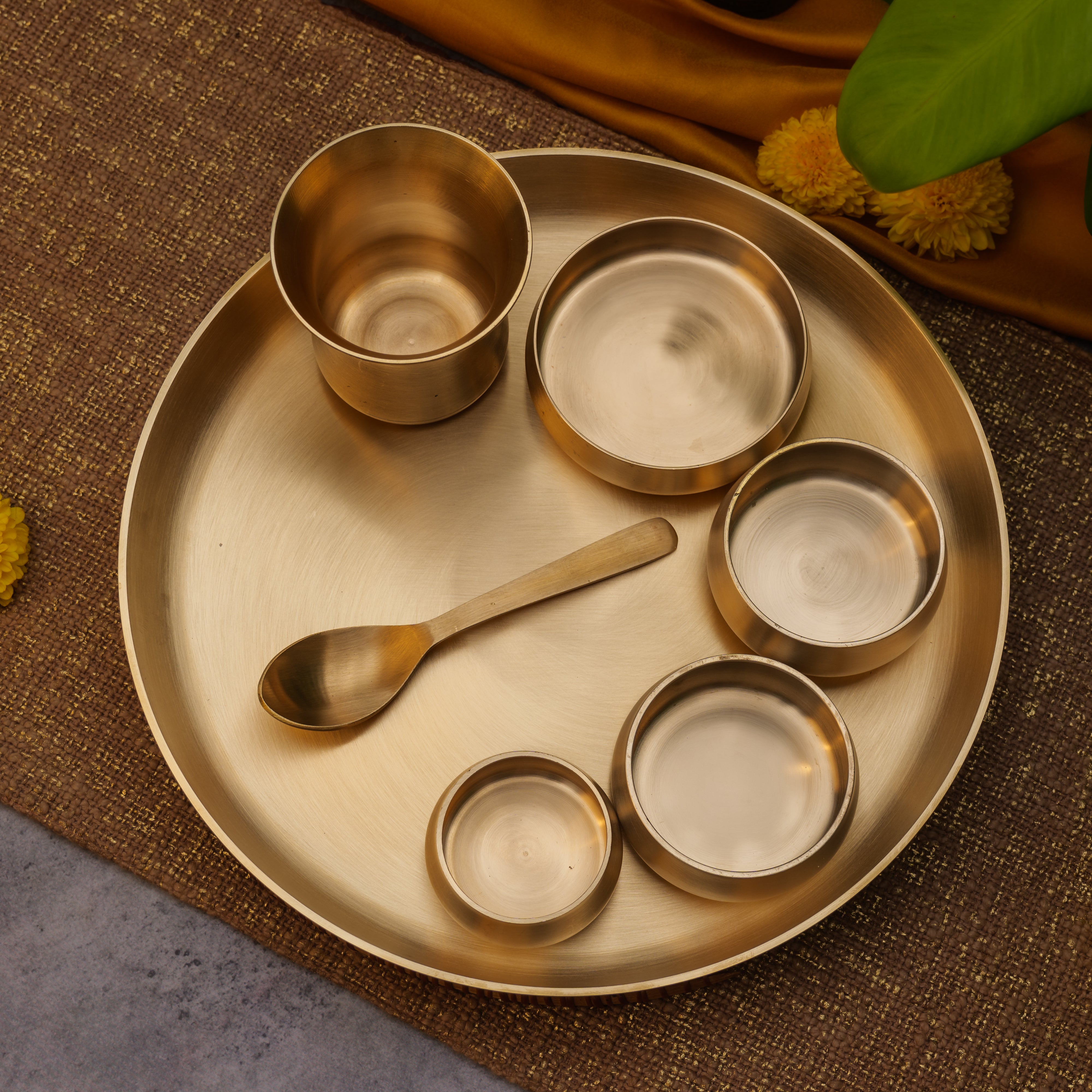 Curved Brass Thali Set - Set of 7 pieces - Matt Finish - Heavy Grade