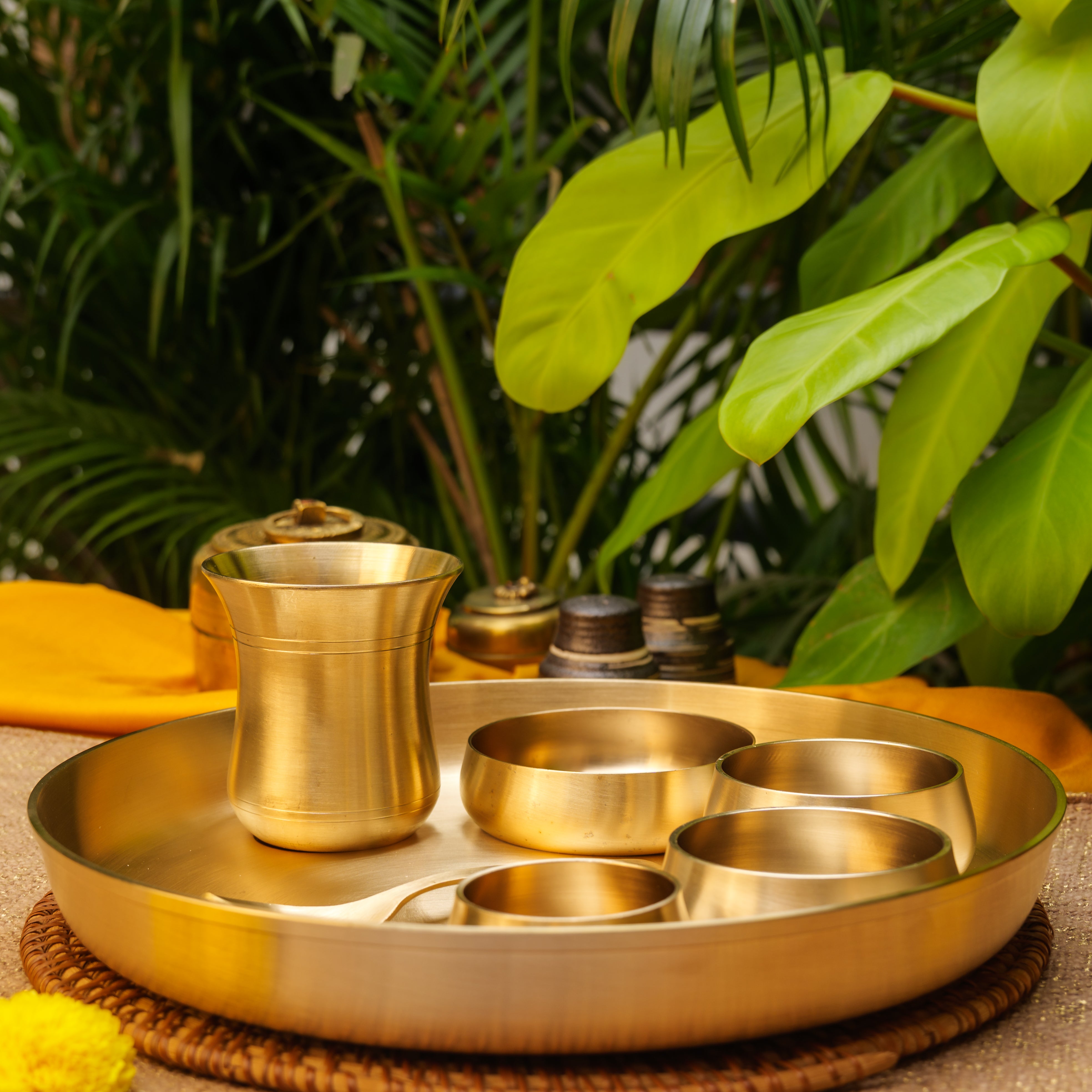 Curved Brass Thali Set - Set of 7 pieces - Matt Finish - Heavy Grade