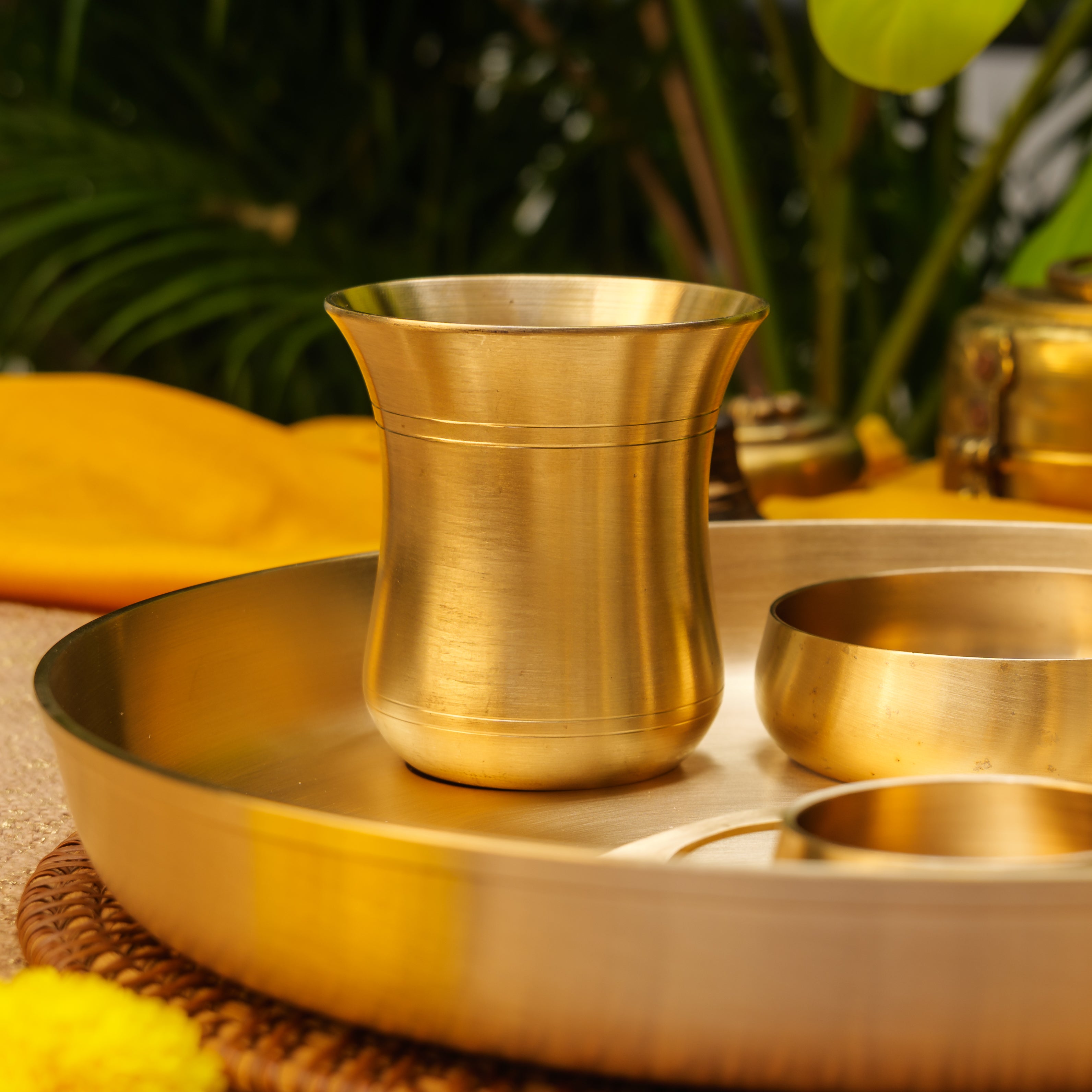Curved Brass Thali Set - Set of 7 pieces - Matt Finish - Heavy Grade