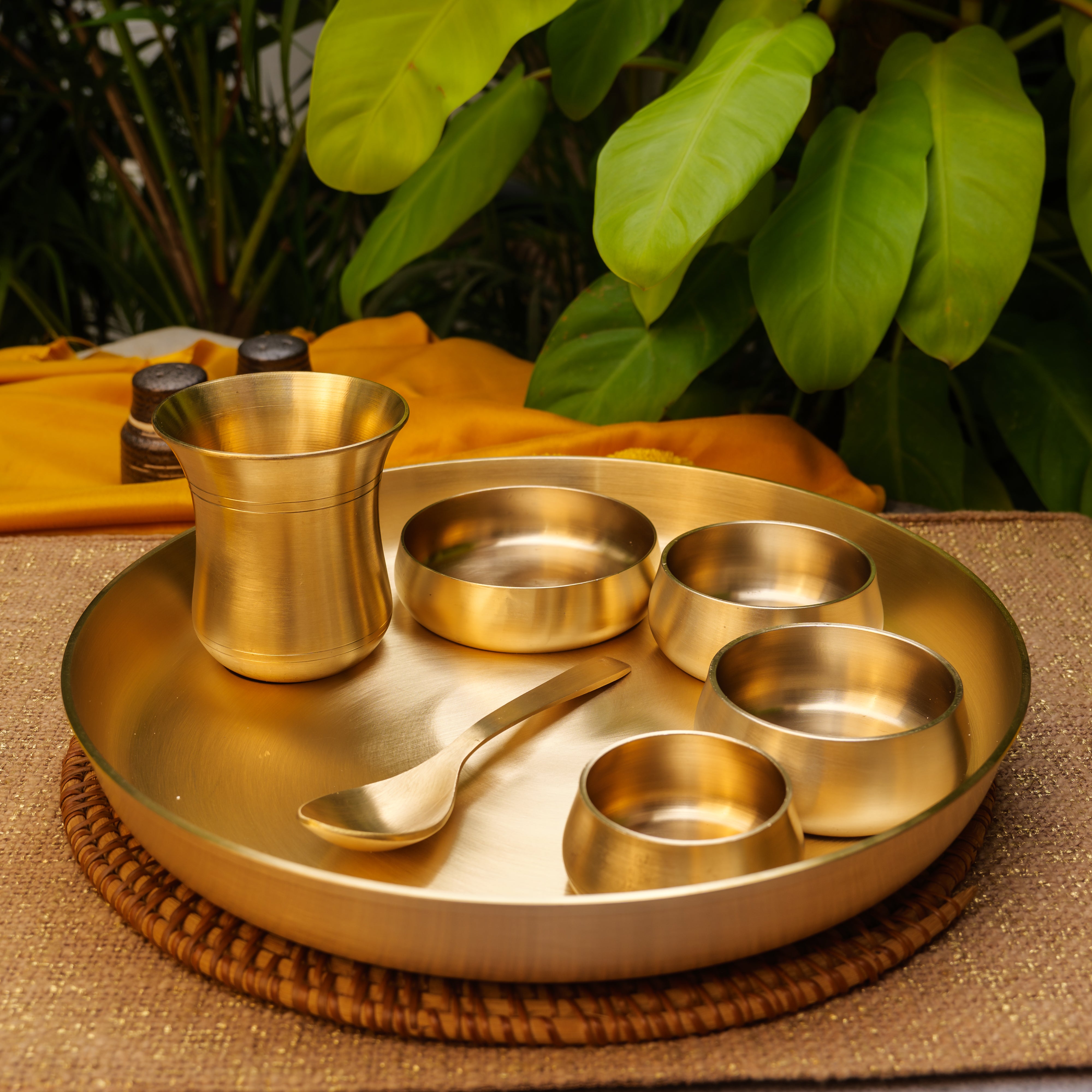 Curved Brass Thali Set - Set of 7 pieces - Matt Finish - Heavy Grade