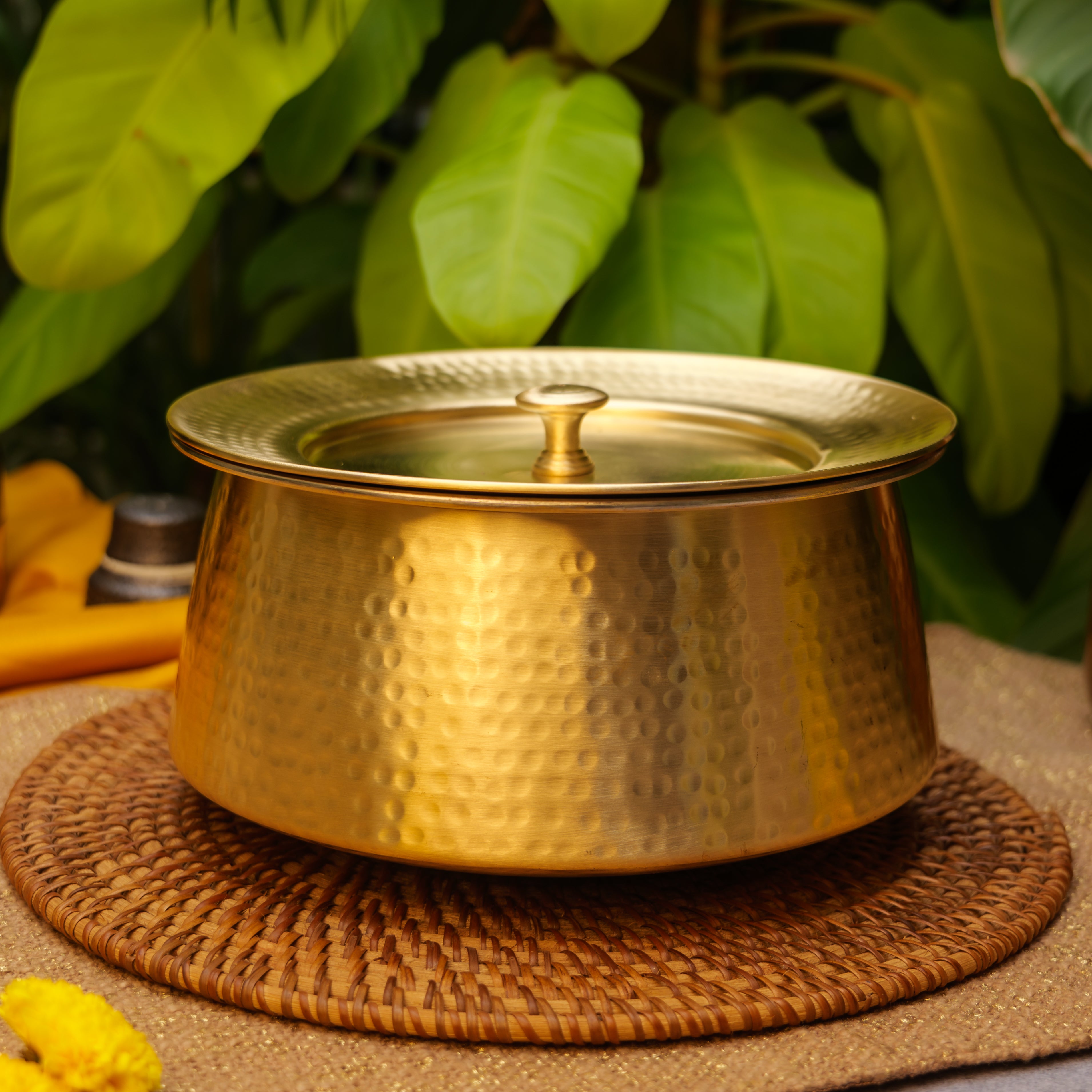 Ambi Handcrafted Pure Brass Hammered Cook and Serve Bowl / Handi / Patila with Lid - 5 Litres