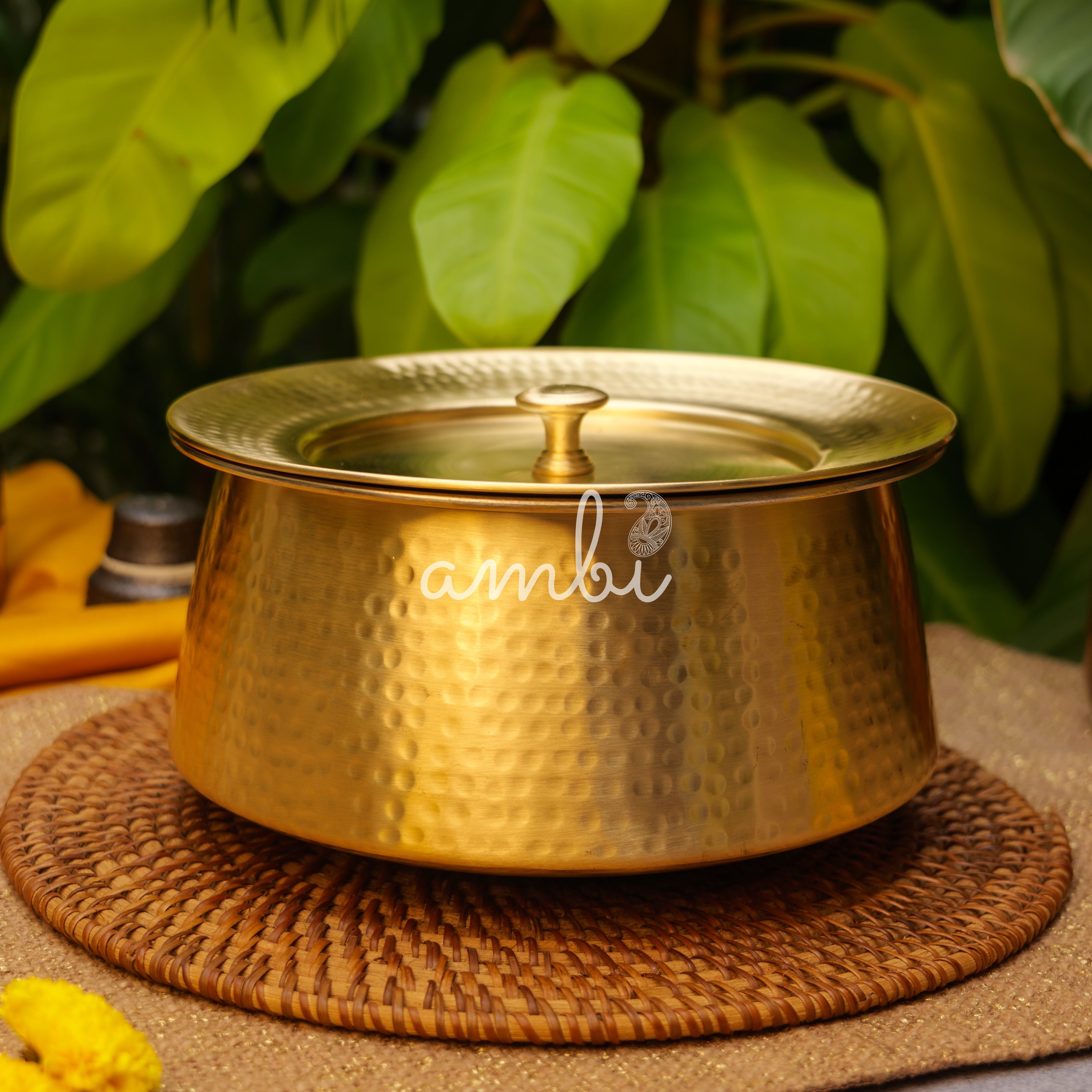 Ambi Handcrafted Pure Brass Hammered Cook and Serve Bowl / Handi / Patila with Lid - 5 Litres