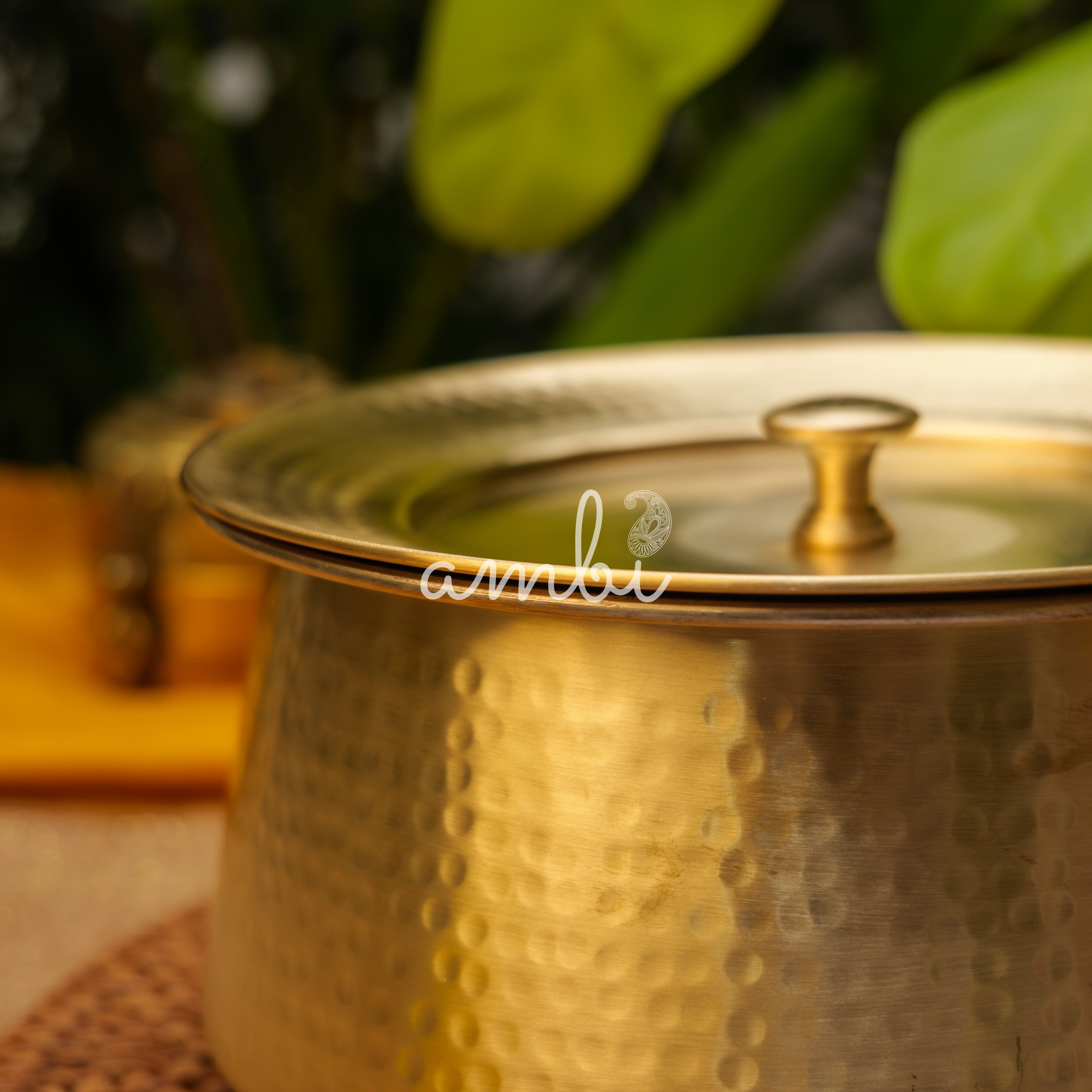 Ambi Handcrafted Pure Brass Hammered Cook and Serve Bowl / Handi / Patila with Lid - 5 Litres