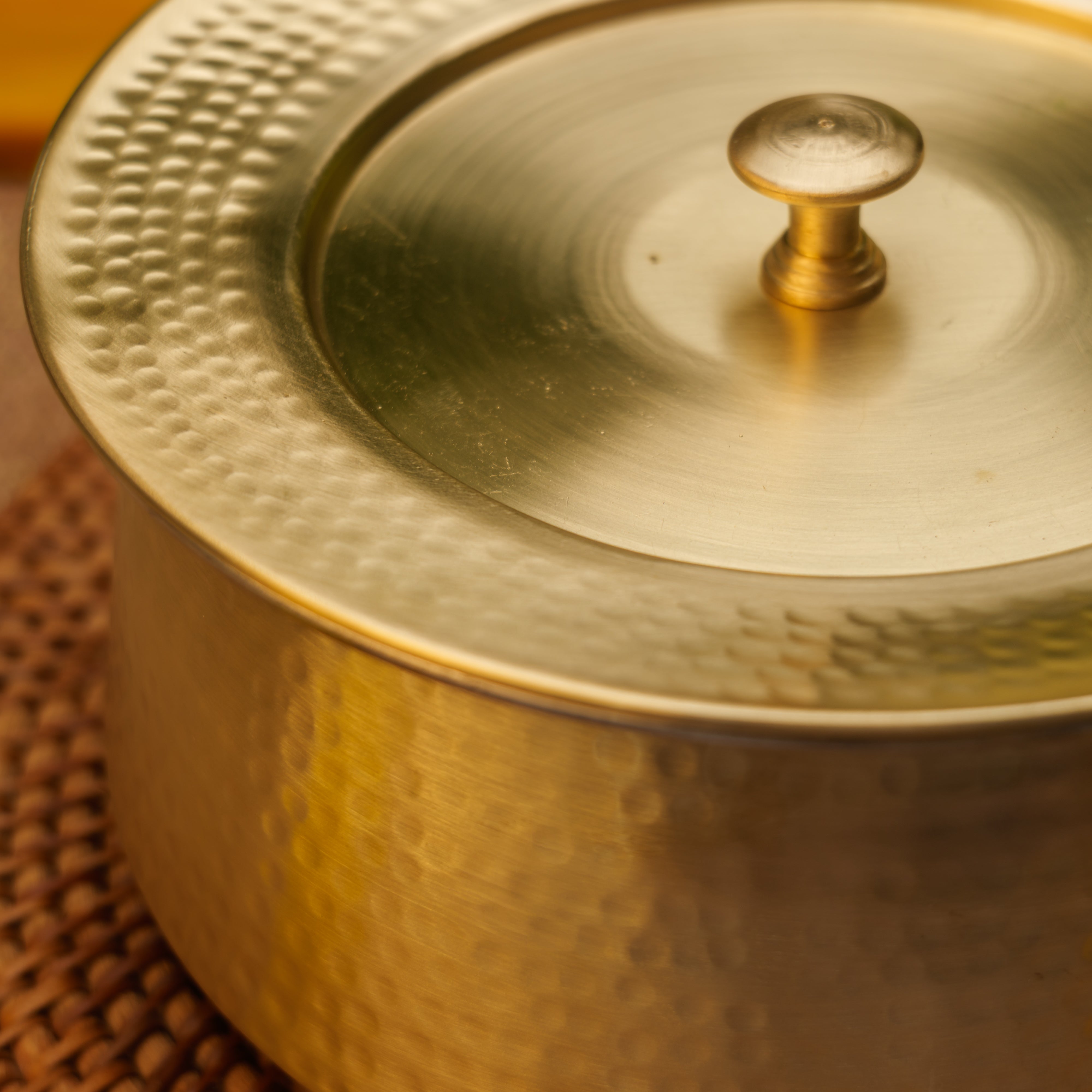 Ambi Handcrafted Pure Brass Hammered Cook and Serve Bowl / Handi / Patila with Lid - 5 Litres