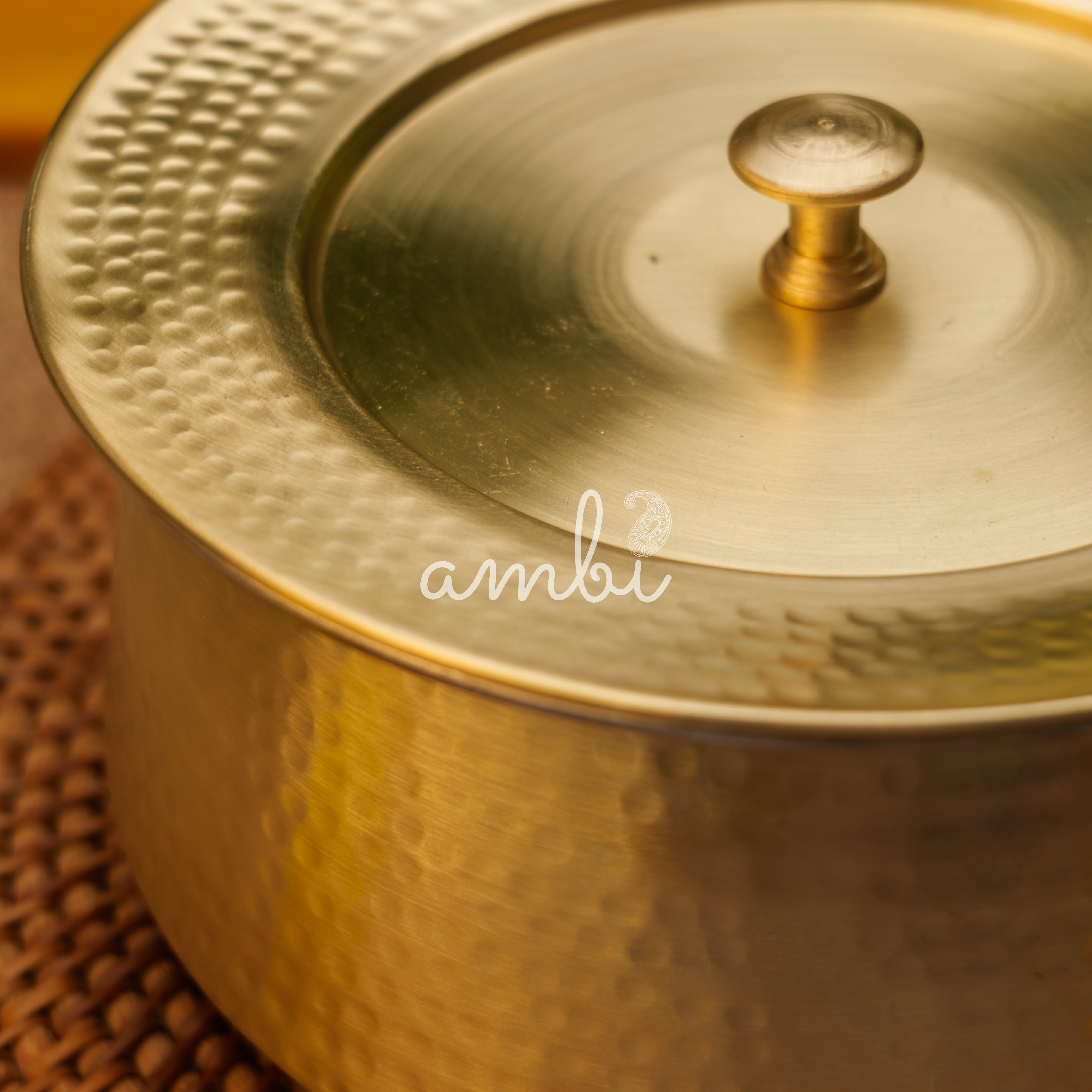 Ambi Handcrafted Pure Brass Hammered Cook and Serve Bowl / Handi / Patila with Lid - 5 Litres
