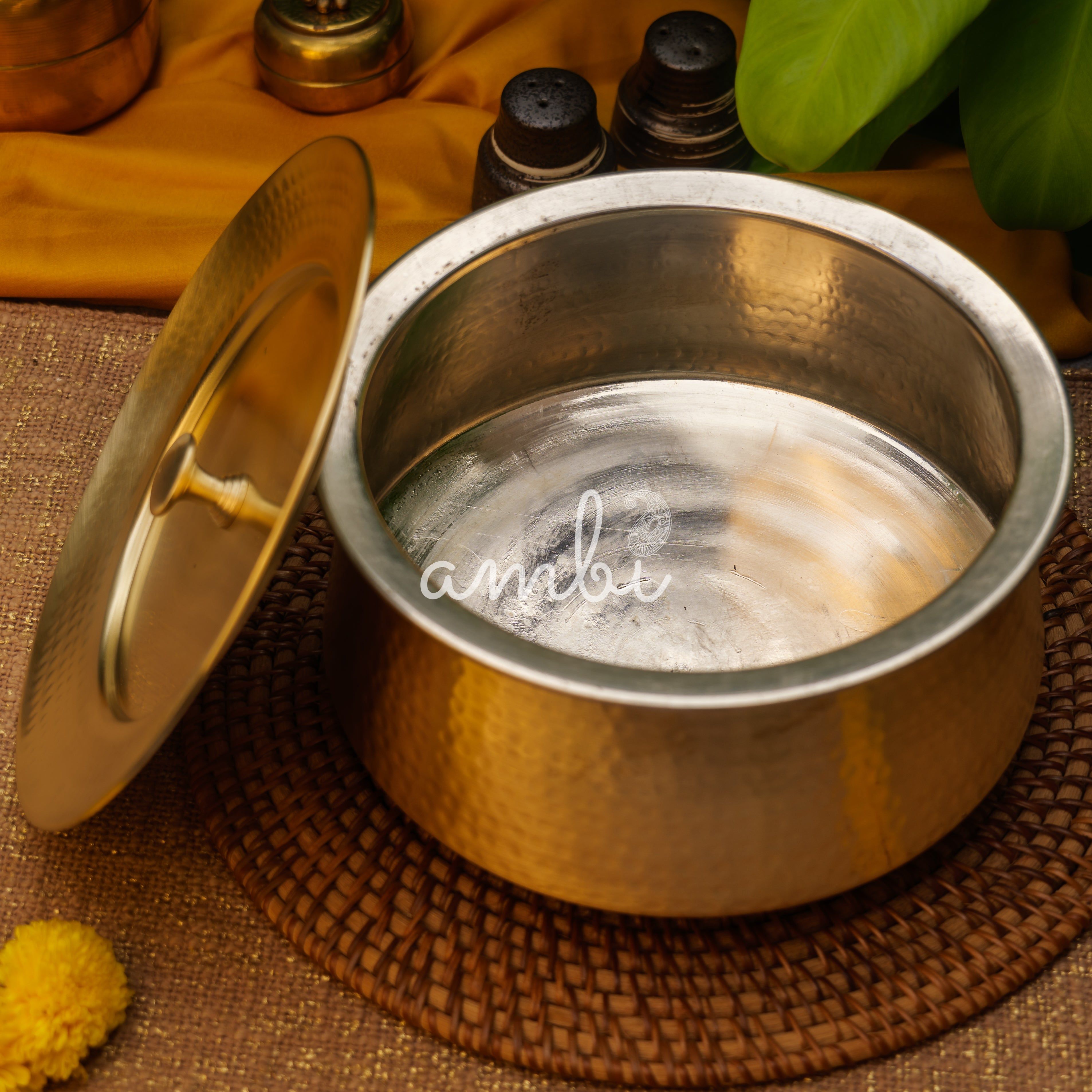 Ambi Handcrafted Pure Brass Hammered Cook and Serve Bowl / Handi / Patila with Lid - 5 Litres