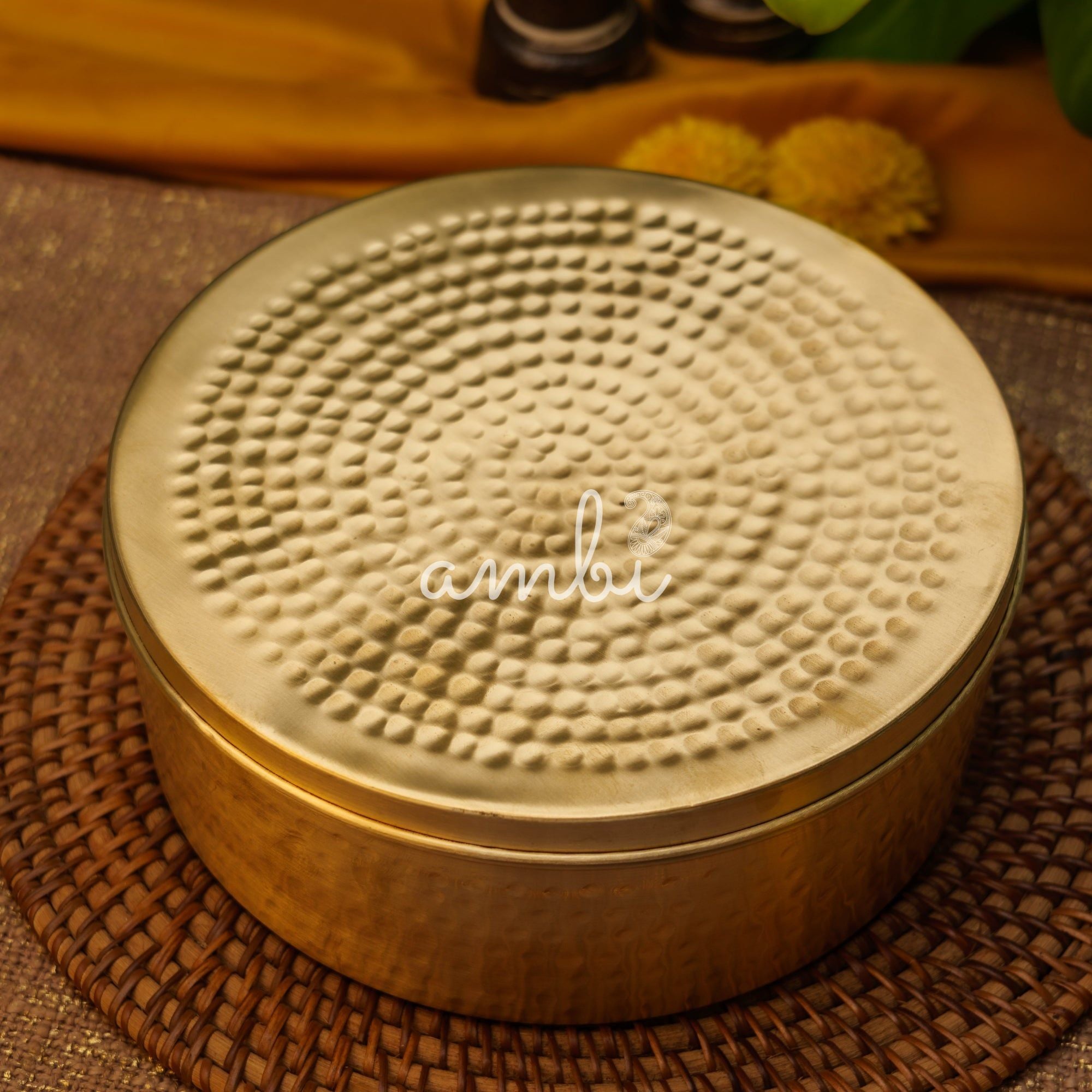 Ambi Pure Brass Elegant Hammered Round Storage Box / Roti Box / Tiffin Box - 8 Inche