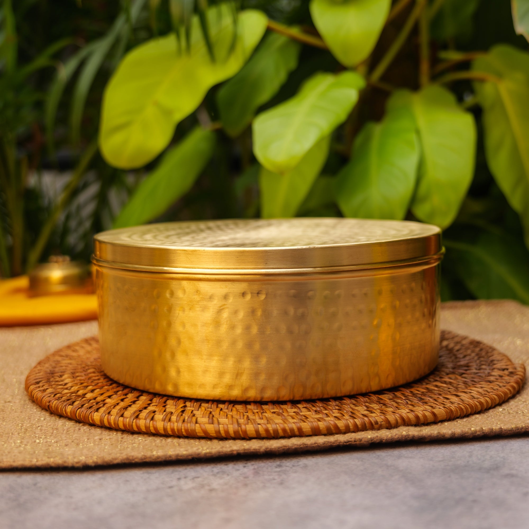 Ambi Pure Brass Elegant Hammered Round Storage Box / Roti Box / Tiffin Box - 8 Inche