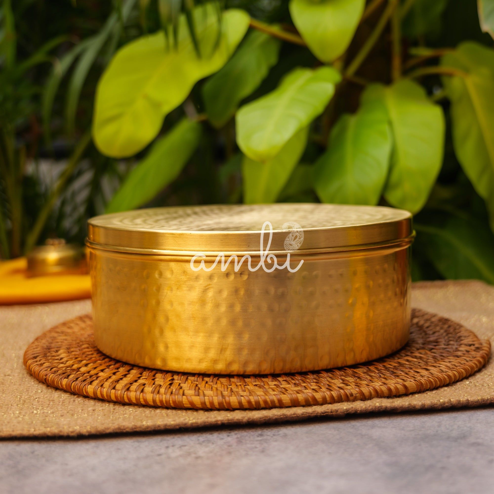 Ambi Pure Brass Elegant Hammered Round Storage Box / Roti Box / Tiffin Box - 8 Inche
