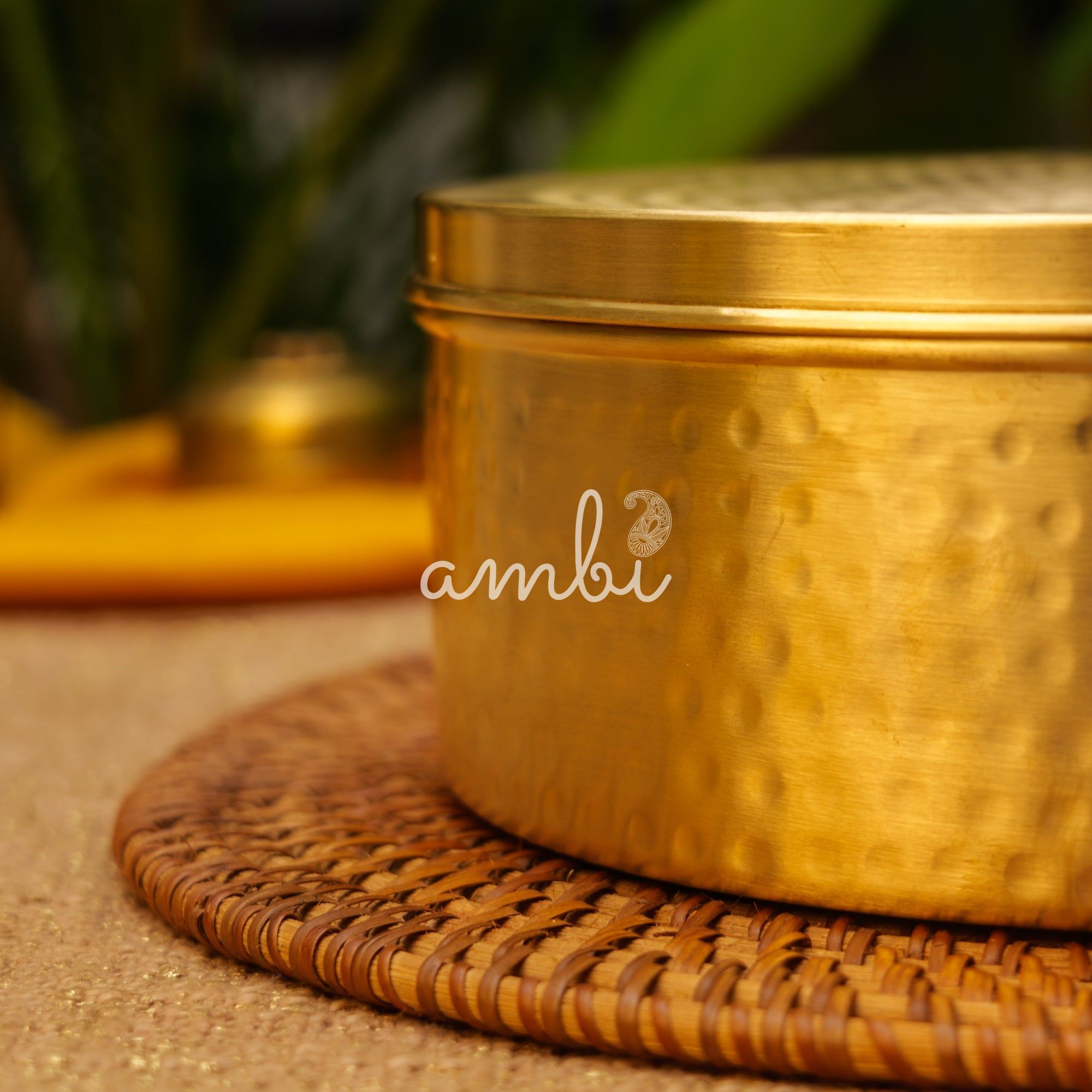 Ambi Pure Brass Elegant Hammered Round Storage Box / Roti Box / Tiffin Box - 8 Inche